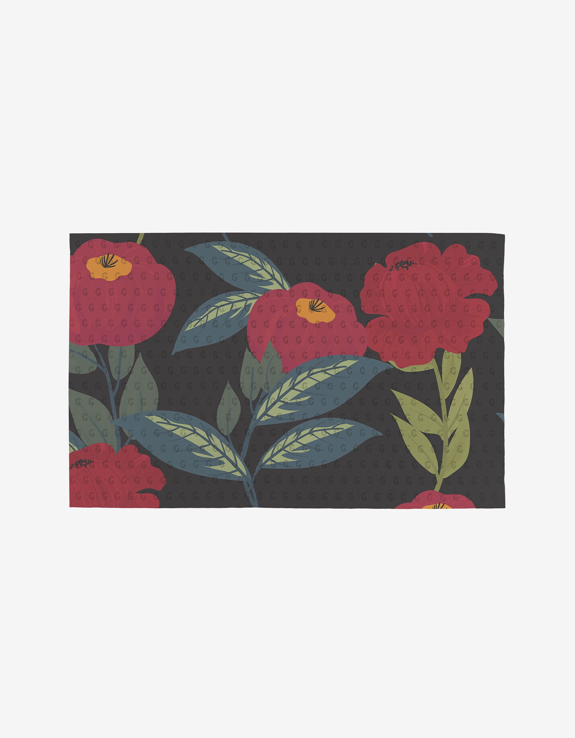 The GEOMETRY Floral Fun mat is a rectangular, reusable mat with a dark background, bright red flowers with yellow centers, and green-blue leaves—an eco-friendly alternative to paper towels.