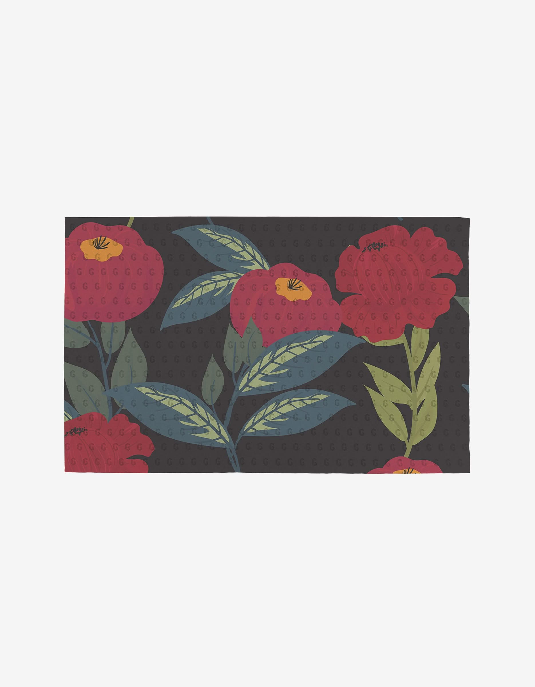 The GEOMETRY Floral Fun mat is a rectangular, reusable mat with a dark background, bright red flowers with yellow centers, and green-blue leaves—an eco-friendly alternative to paper towels.
