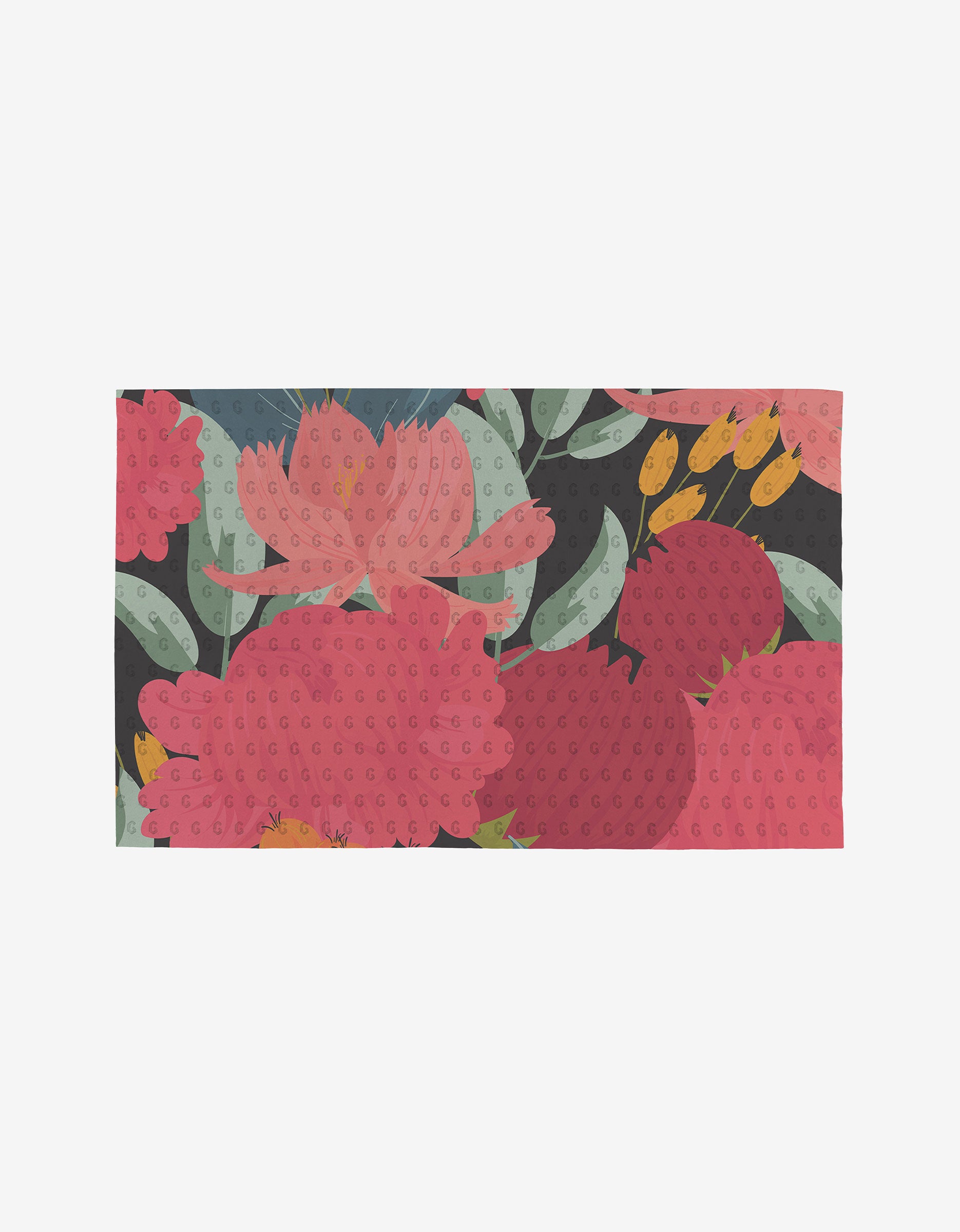 GEOMETRY’s Floral Fun is a reusable rectangular mat with large pink and red flowers, green leaves, and yellow accents on a dark background—an eco-friendly alternative to Not Paper Towels.