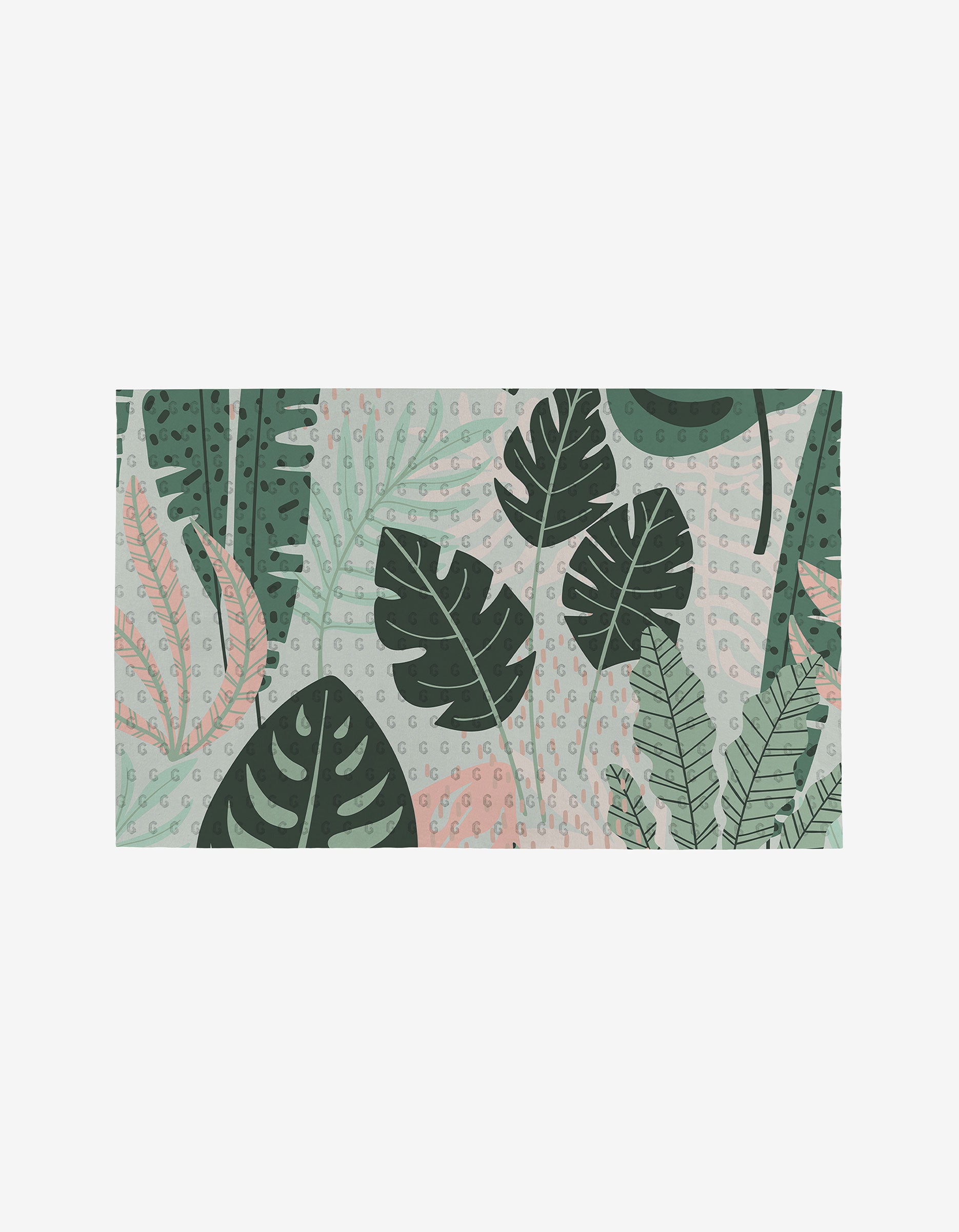 Floral Fun by GEOMETRY is a reusable, eco-friendly rectangular mat with a botanical design of green tropical leaves and pink accents on a light, patterned background. Stylish and sustainable—much more than paper towels!.