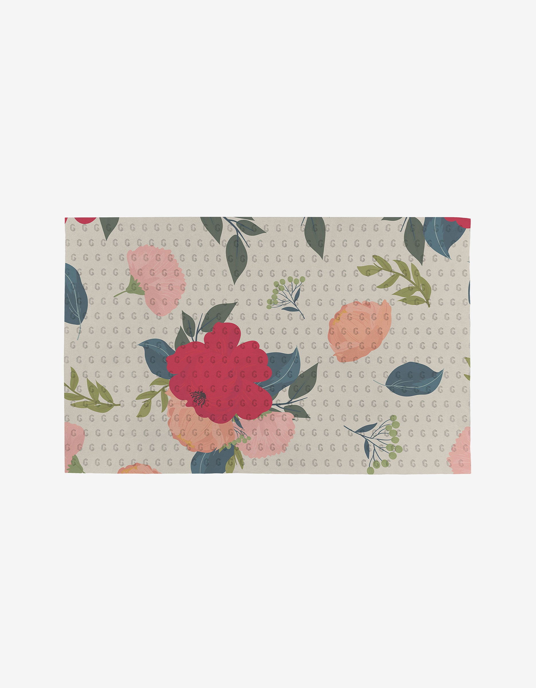 Floral Fun by GEOMETRY is a reusable rectangular mat with a floral pattern of red, pink, and peach flowers, green leaves, and a beige dotted background—an eco-friendly alternative to paper towels.