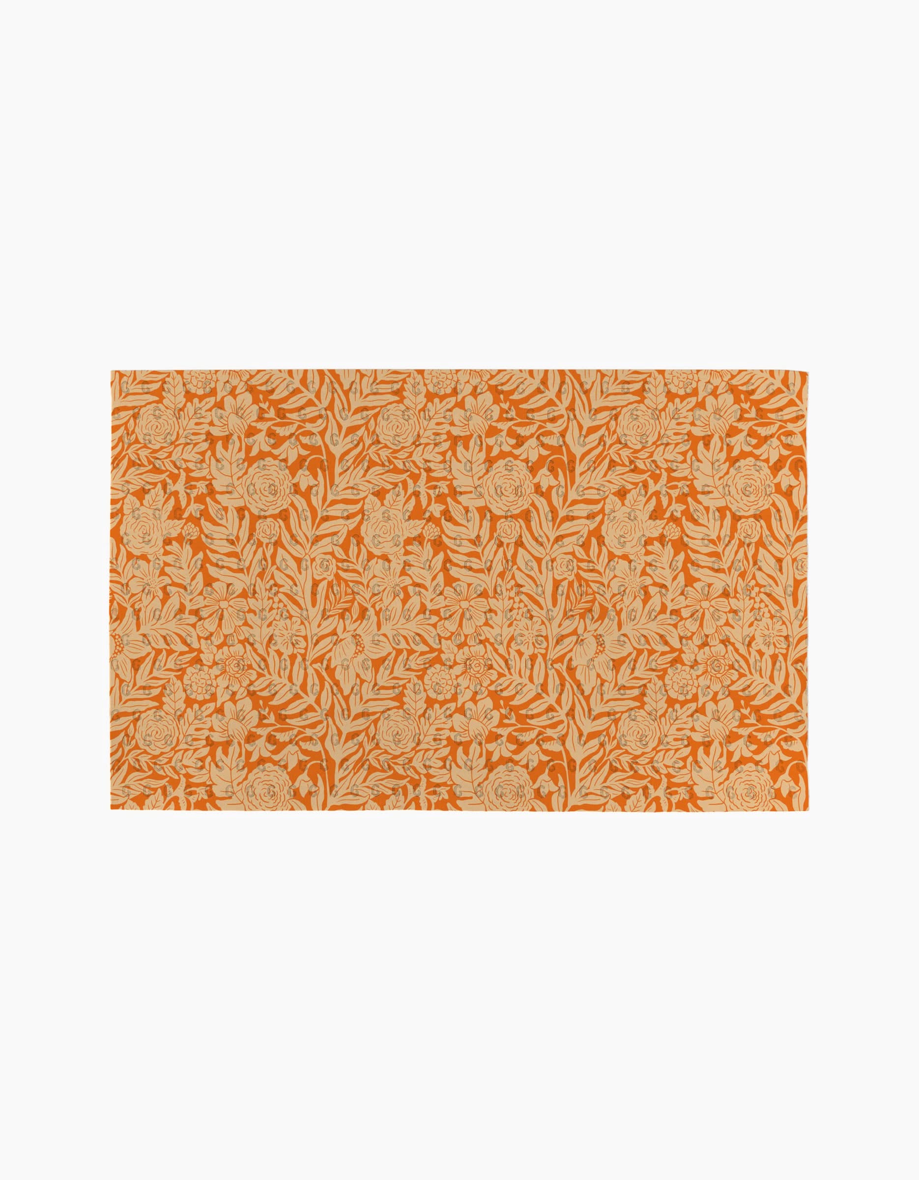 The Florence rug by Katie OShea is a rectangular orange piece with beige floral and leafy patterns on a plain white background, adding eco-friendly style and sustainability to any space.