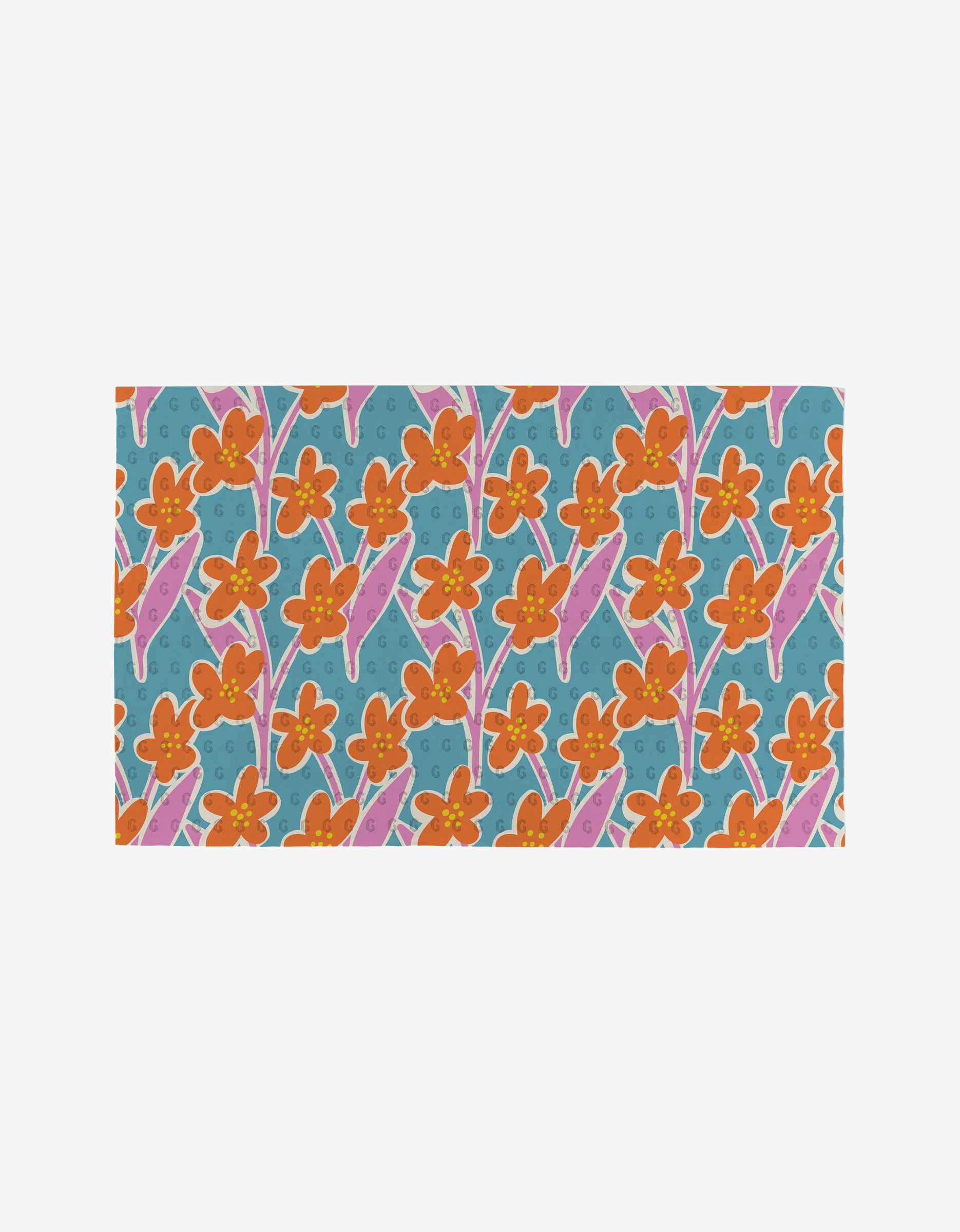 Flower Parade by Lizzie Clark features orange flowers with pink leaves and stems on a blue background with light blue swirls—a vibrant, eco-friendly decor choice.