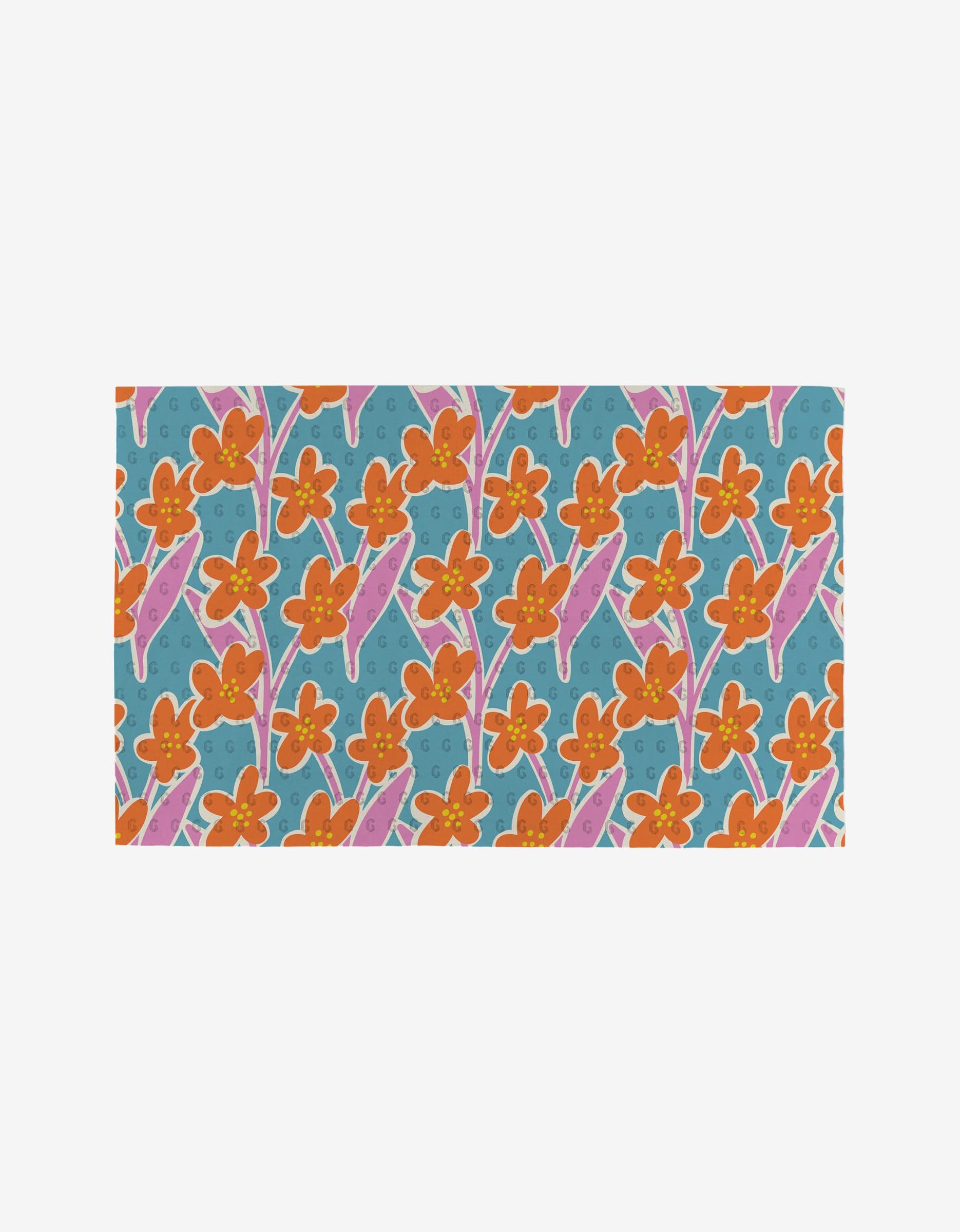 Flower Parade by Lizzie Clark features orange flowers with pink leaves and stems on a blue background with light blue swirls—a vibrant, eco-friendly decor choice.