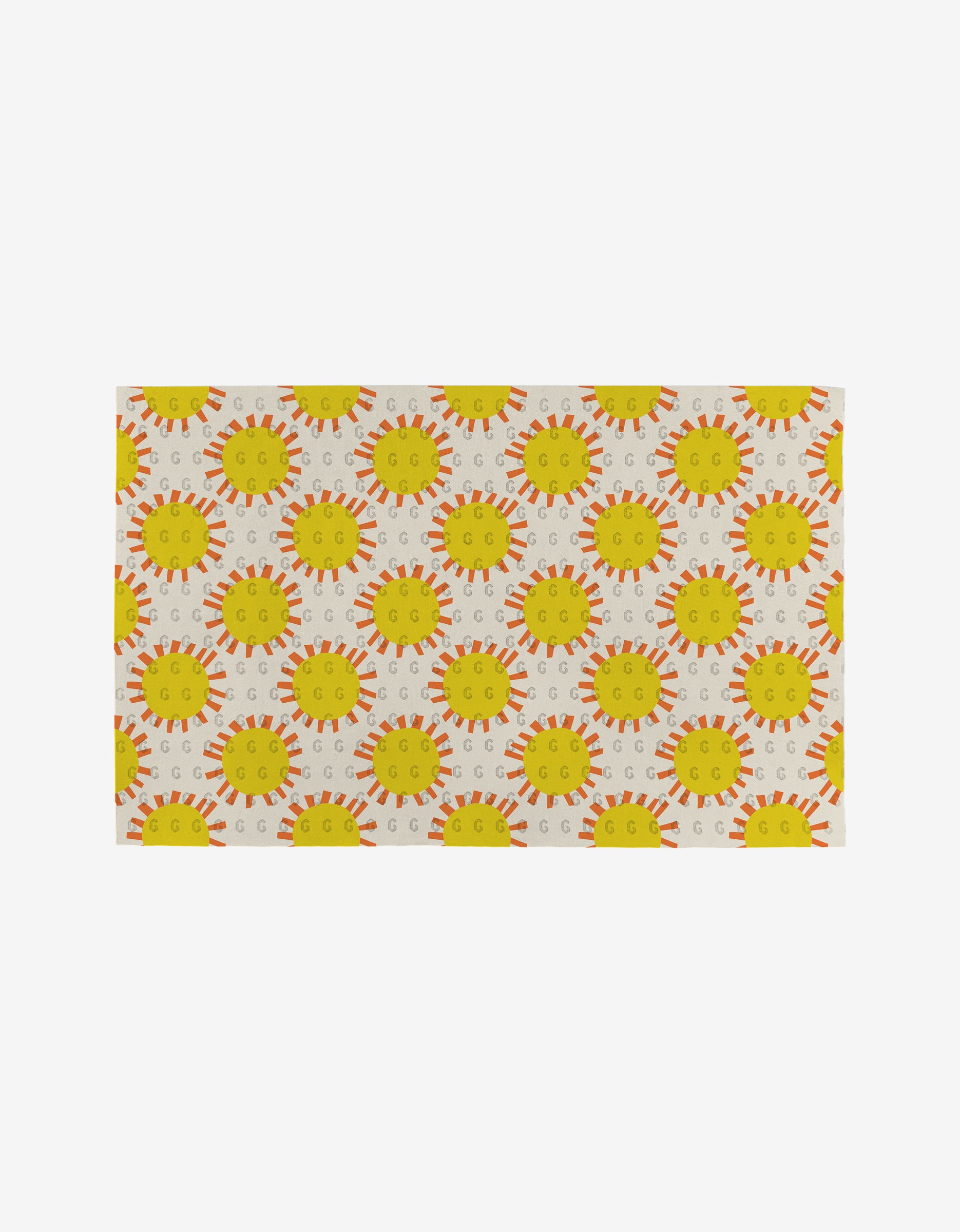 The Lizzie Clark Flower Parade rug features a cheerful, eco-friendly design with repeating yellow suns and orange rays on a light backdrop. Made from post-consumer recycled materials, it adds playful charm while caring for the environment.