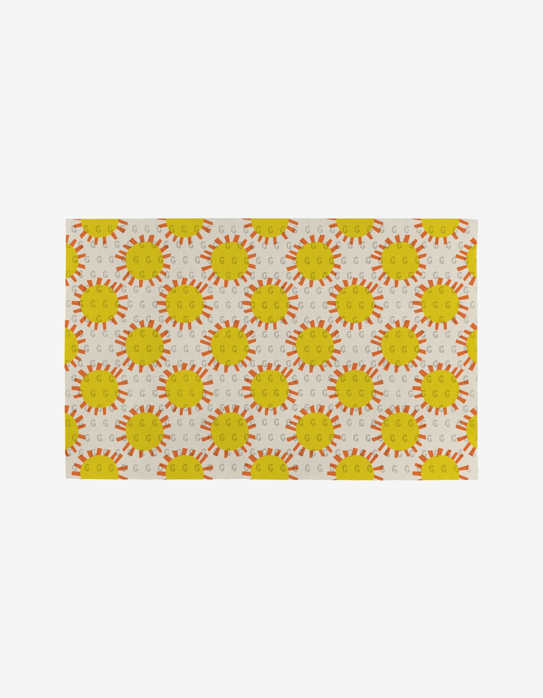 The Lizzie Clark Flower Parade rug features a cheerful, eco-friendly design with repeating yellow suns and orange rays on a light backdrop. Made from post-consumer recycled materials, it adds playful charm while caring for the environment.