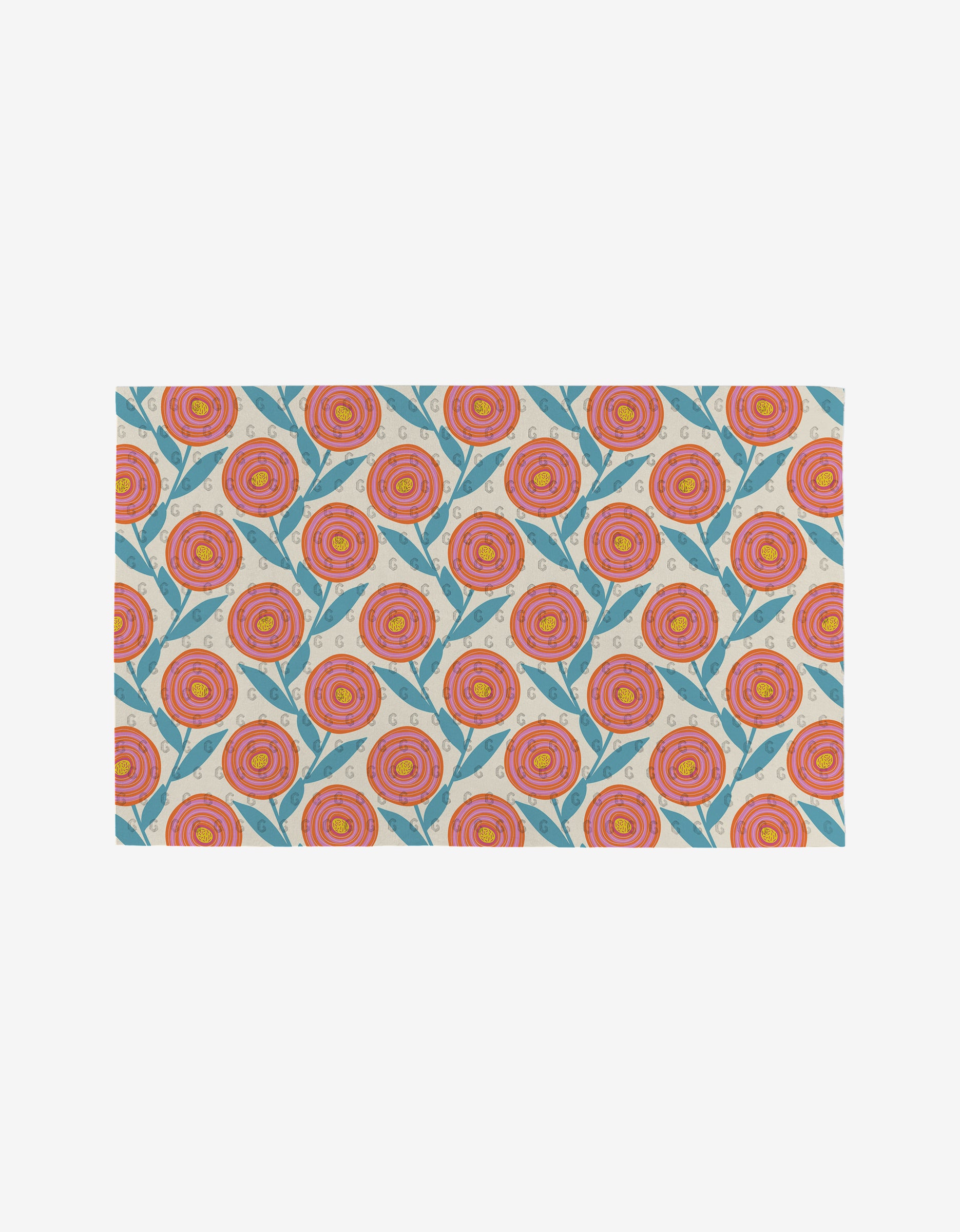 The Flower Parade rug by Lizzie Clark features a repeating pattern of stylized pink and orange flowers with green leaves on a light background. Made from post-consumer recycled materials, it’s an eco-friendly choice for your home.