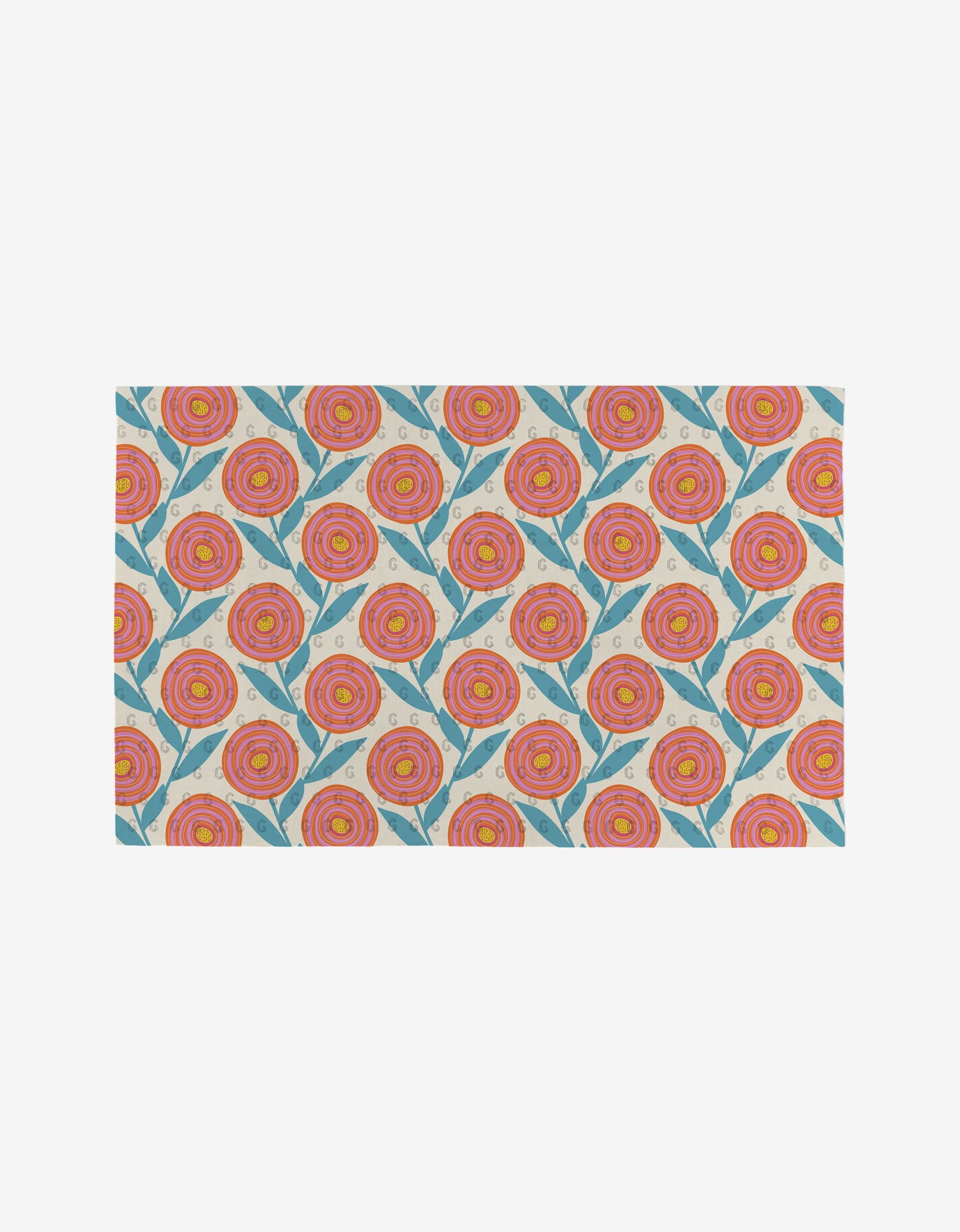 The Flower Parade rug by Lizzie Clark features a repeating pattern of stylized pink and orange flowers with green leaves on a light background. Made from post-consumer recycled materials, it’s an eco-friendly choice for your home.