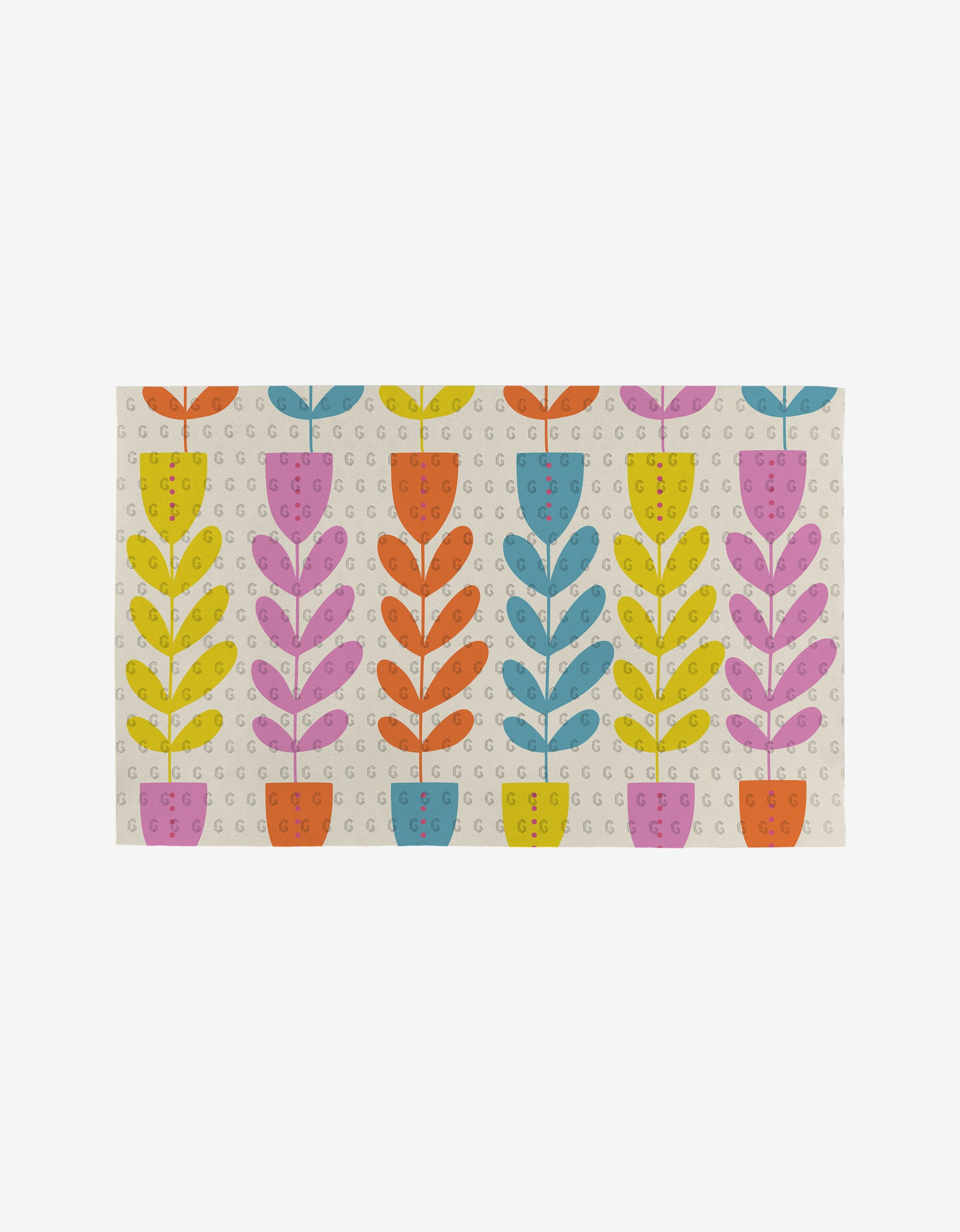 Flower Parade by Lizzie Clark is a rectangular mat with bright stylized potted plants on a pale background and subtle gray G letters, made from post-consumer recycled materials for an eco-friendly choice.