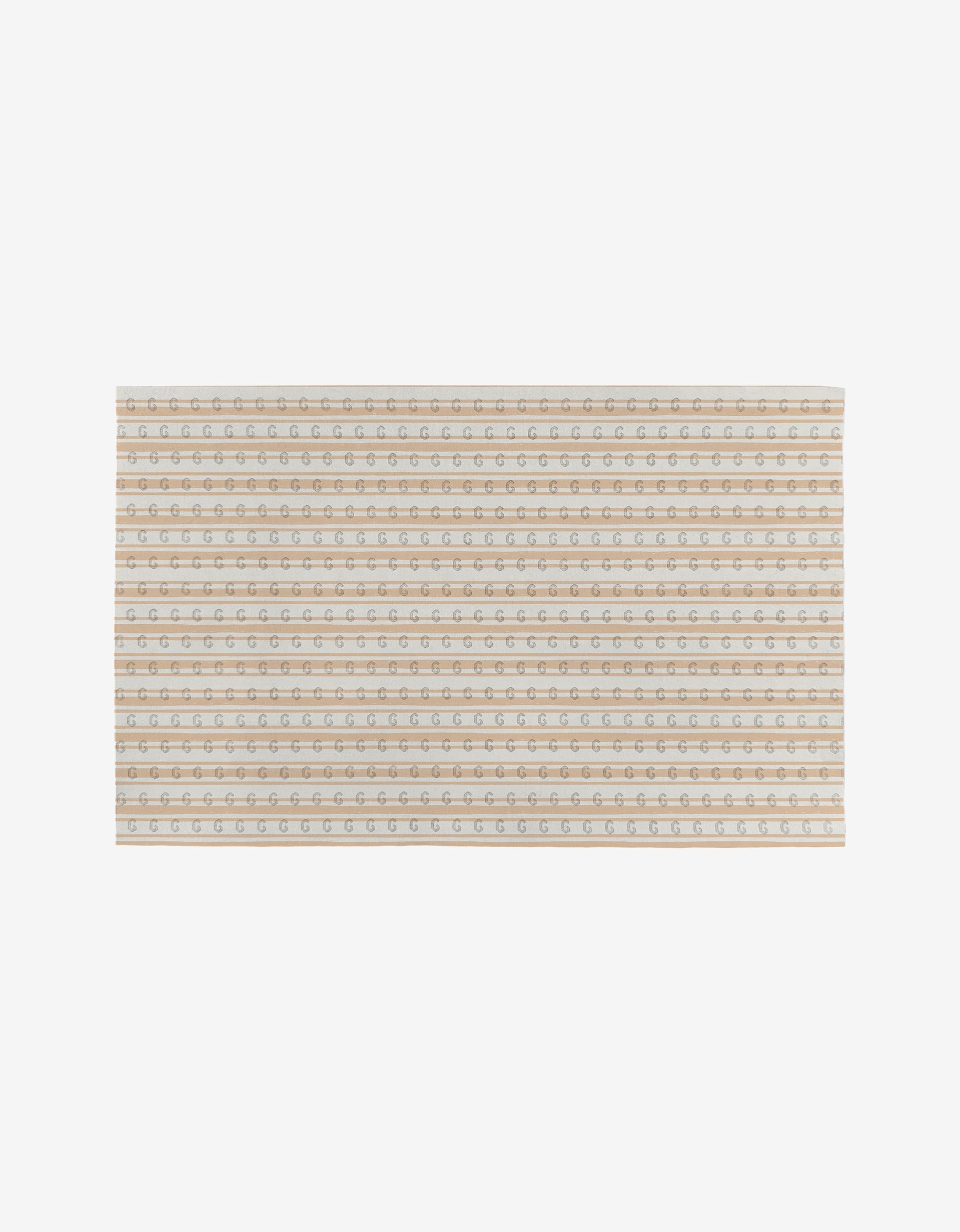 The Hufton Studio Garden Bloom is a rectangular beige mat made from eco-friendly post-consumer recycled materials, featuring horizontal rows of small gray and tan geometric patterns on a plain white background.