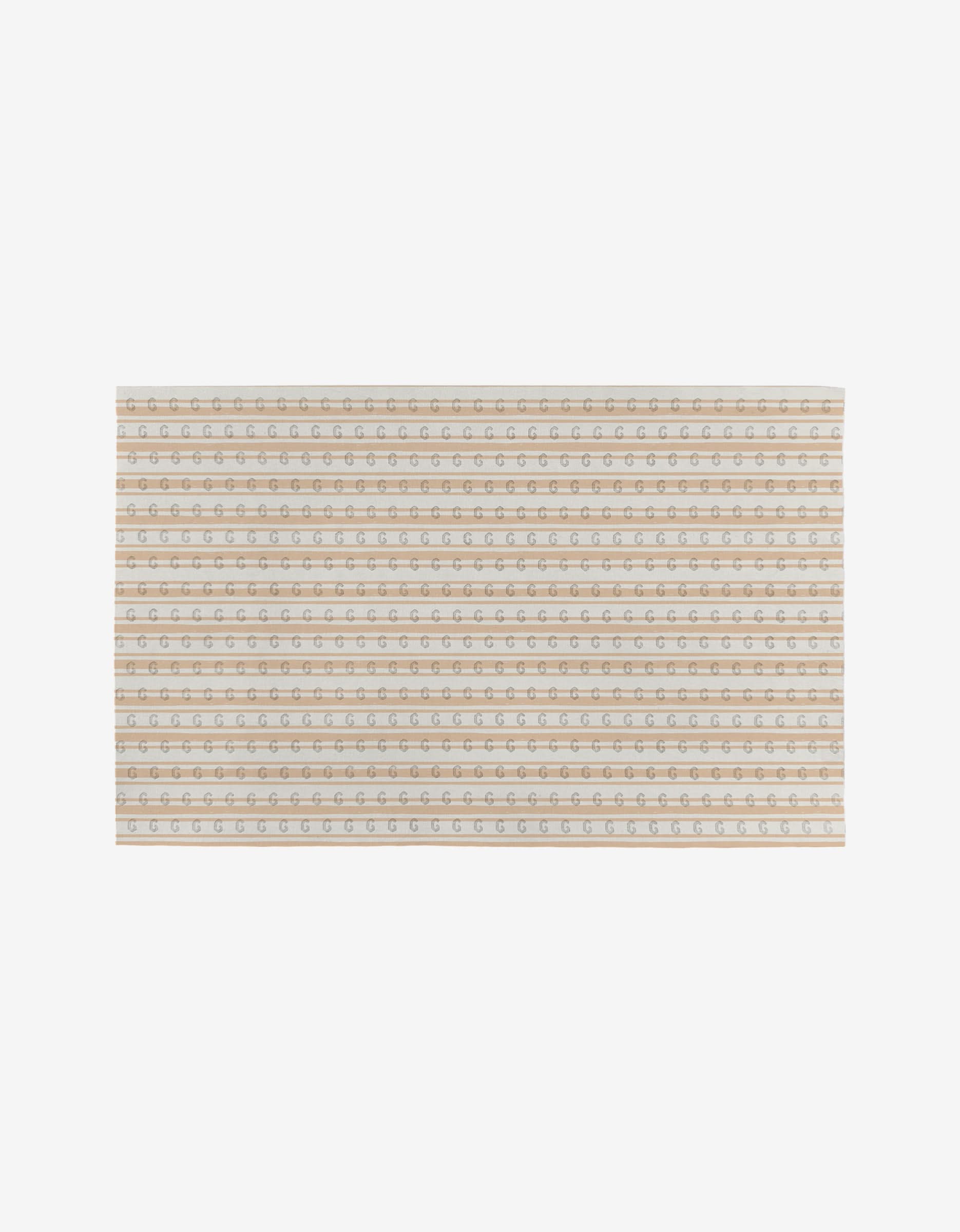 The Hufton Studio Garden Bloom is a rectangular beige mat made from eco-friendly post-consumer recycled materials, featuring horizontal rows of small gray and tan geometric patterns on a plain white background.