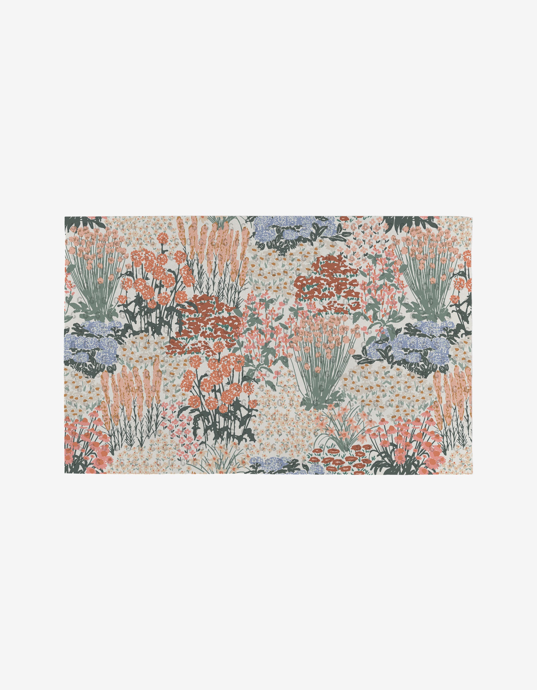 The Garden Bloom rug by Hufton Studio features a floral rectangular design with pastel orange, pink, blue, and green on a light background—an eco-friendly alternative that isnt paper towels.