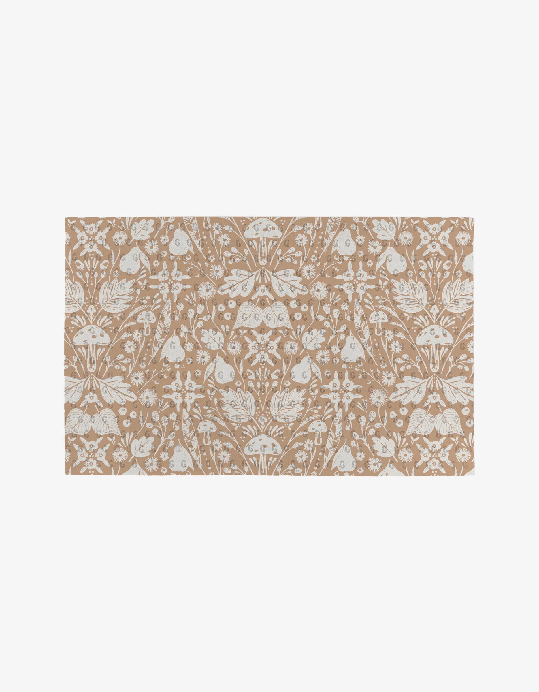 The Garden Bloom rug by Hufton Studio features a light tan background with a white floral and botanical pattern of flowers, leaves, and mushrooms—crafted from eco-friendly materials.