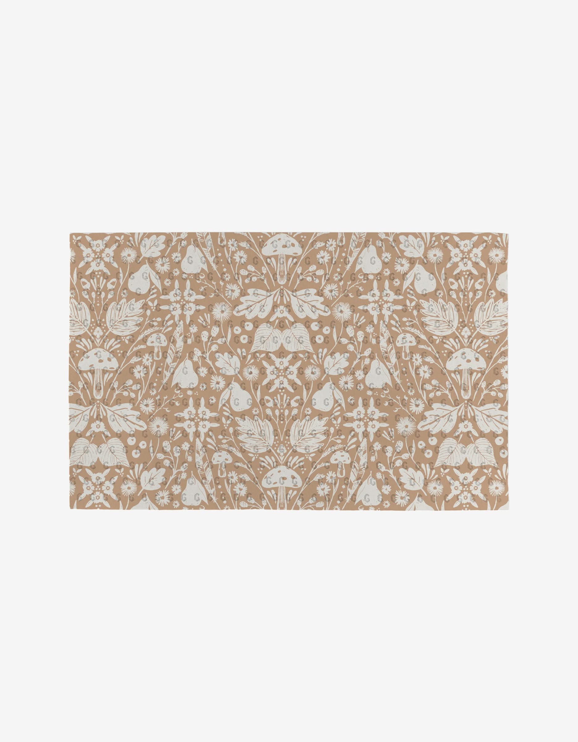 The Garden Bloom rug by Hufton Studio features a light tan background with a white floral and botanical pattern of flowers, leaves, and mushrooms—crafted from eco-friendly materials.
