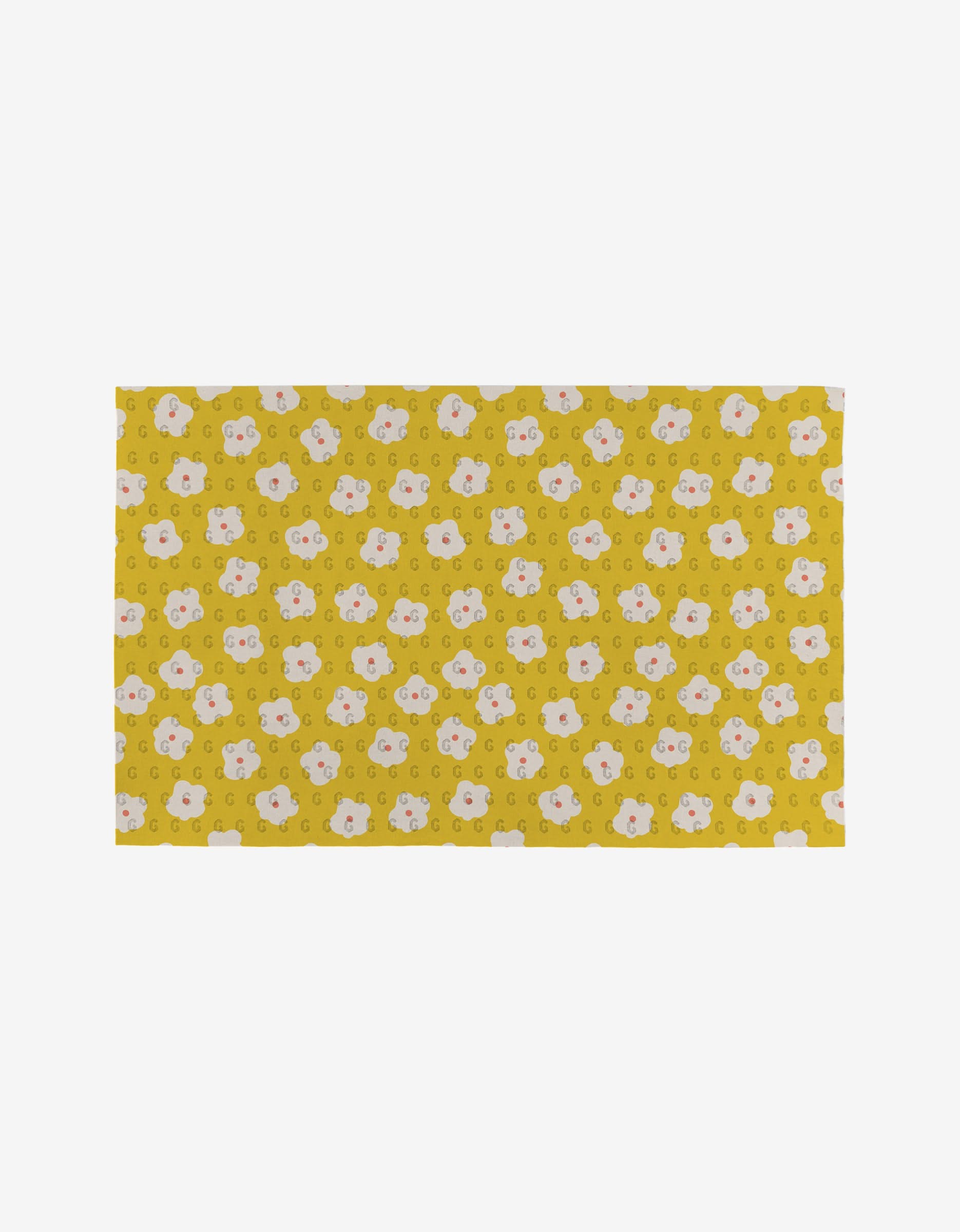 Garden Crush by Sara Mari is a rectangular yellow mat featuring evenly spaced white and light pink cartoon bear faces on a plain white background. Made from post-consumer recycled materials, its an eco-friendly choice for your home.