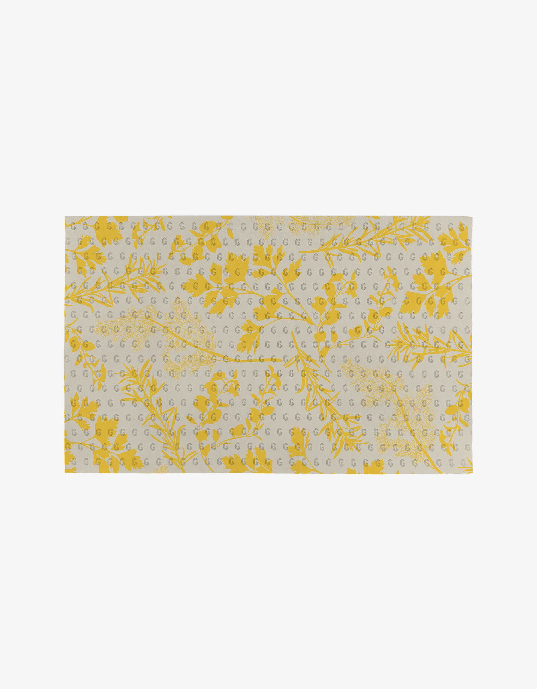 Garden of Gold by GEOMETRY features a rectangular beige cloth adorned with yellow botanical motifs and gray dots—an eco-friendly Not Paper Towels option, pictured on a plain white background.