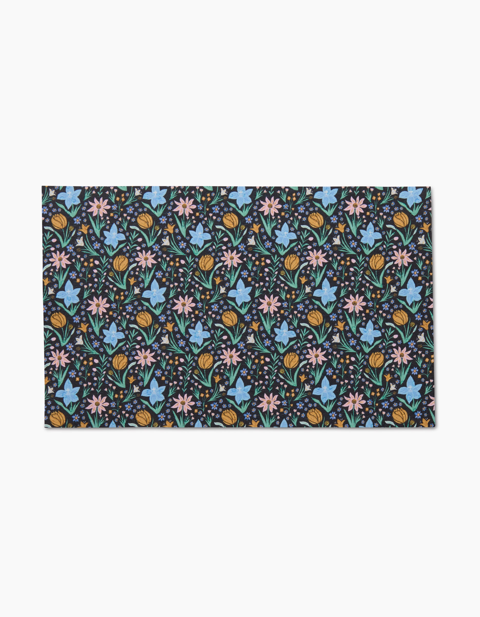The Garden of Light mat by Danelys Sidron features a dark background with blue, pink, and yellow flowers and green leaves. Made from eco-friendly post-consumer recycled materials, this rectangular mat brightens any space with its vibrant floral design.