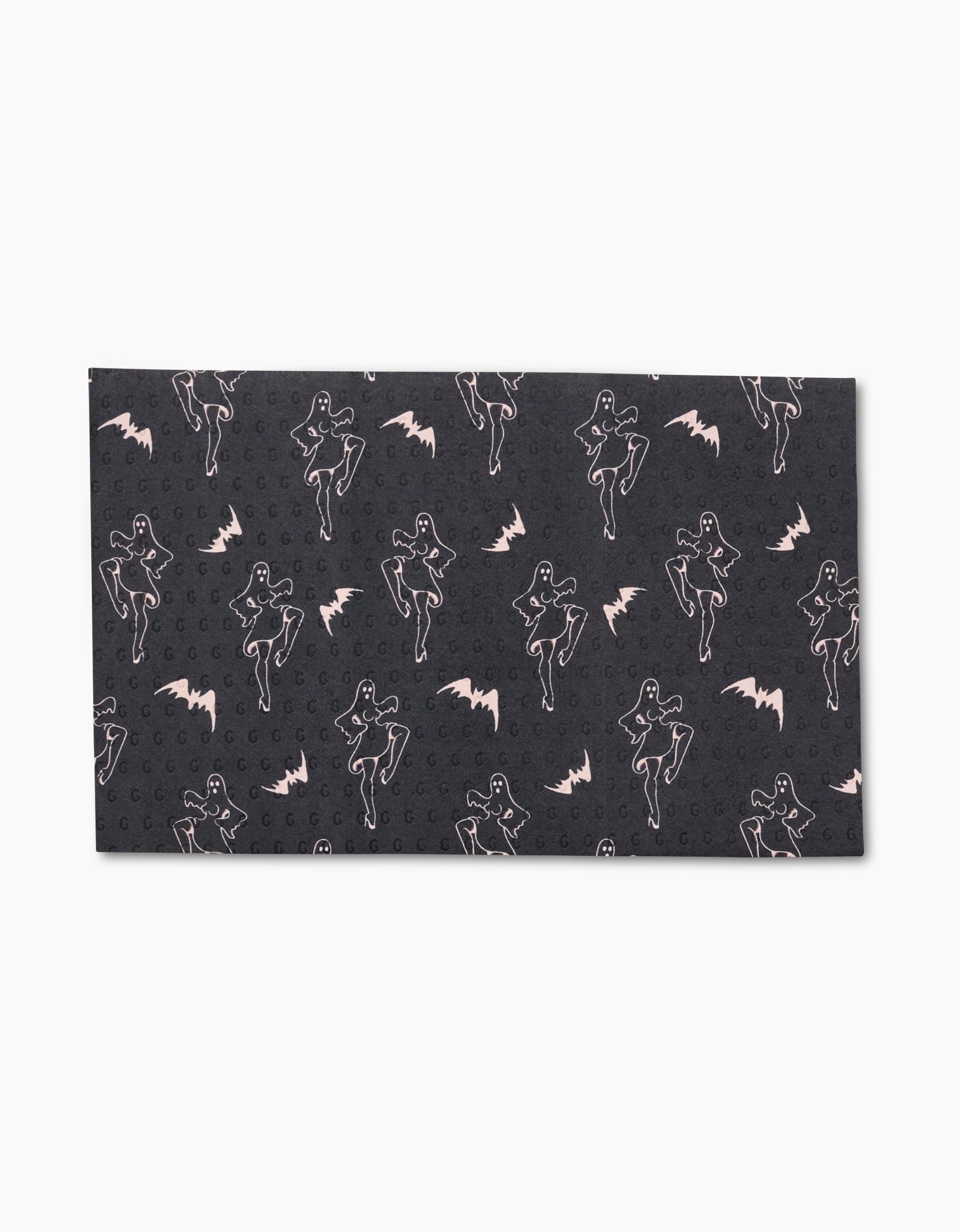 The Ghost Pin Up by Cole Strem is a rectangular black mat with light pink vintage pin-up and bat outlines, offering an eco-friendly, reusable alternative to Not Paper Towels.