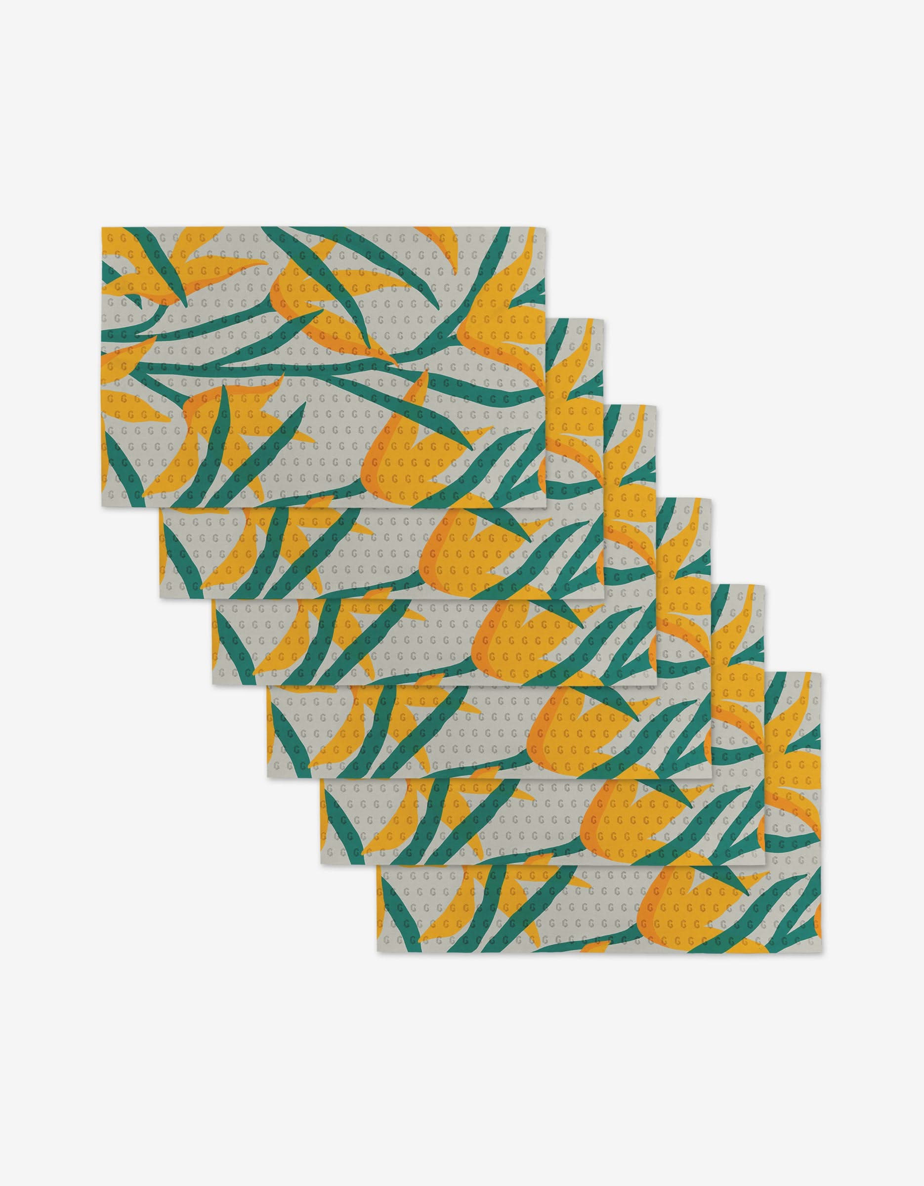 Six “Growth” rectangular cloths by GEOMETRY, featuring yellow pineapples and green leaves on white—an eco-friendly Not Paper Towels alternative arranged in a fanned-out stack for your kitchen.