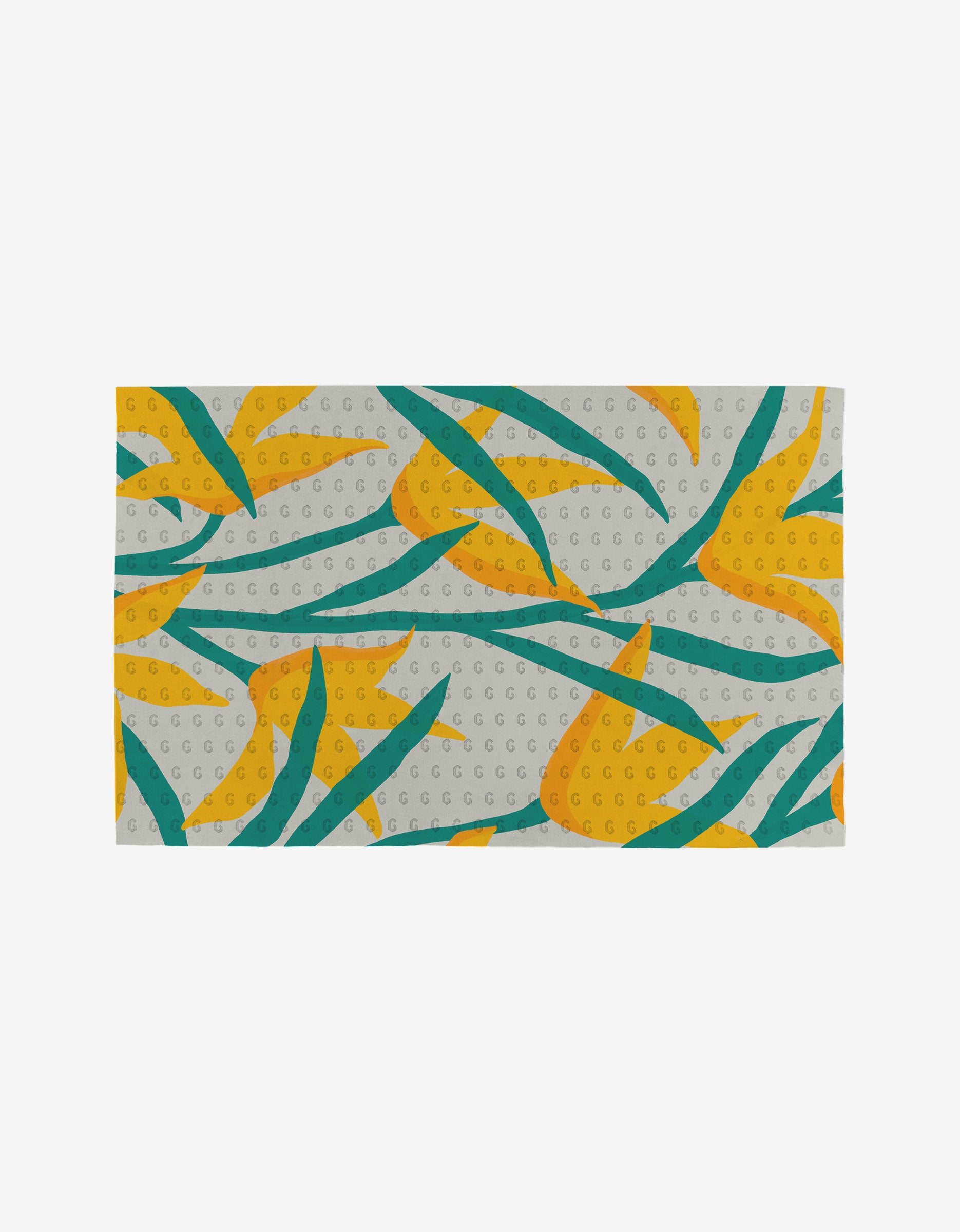 The GEOMETRY Growth mat features yellow and orange abstract flowers with green leaves on a light background with white circles, all crafted from eco-friendly materials.