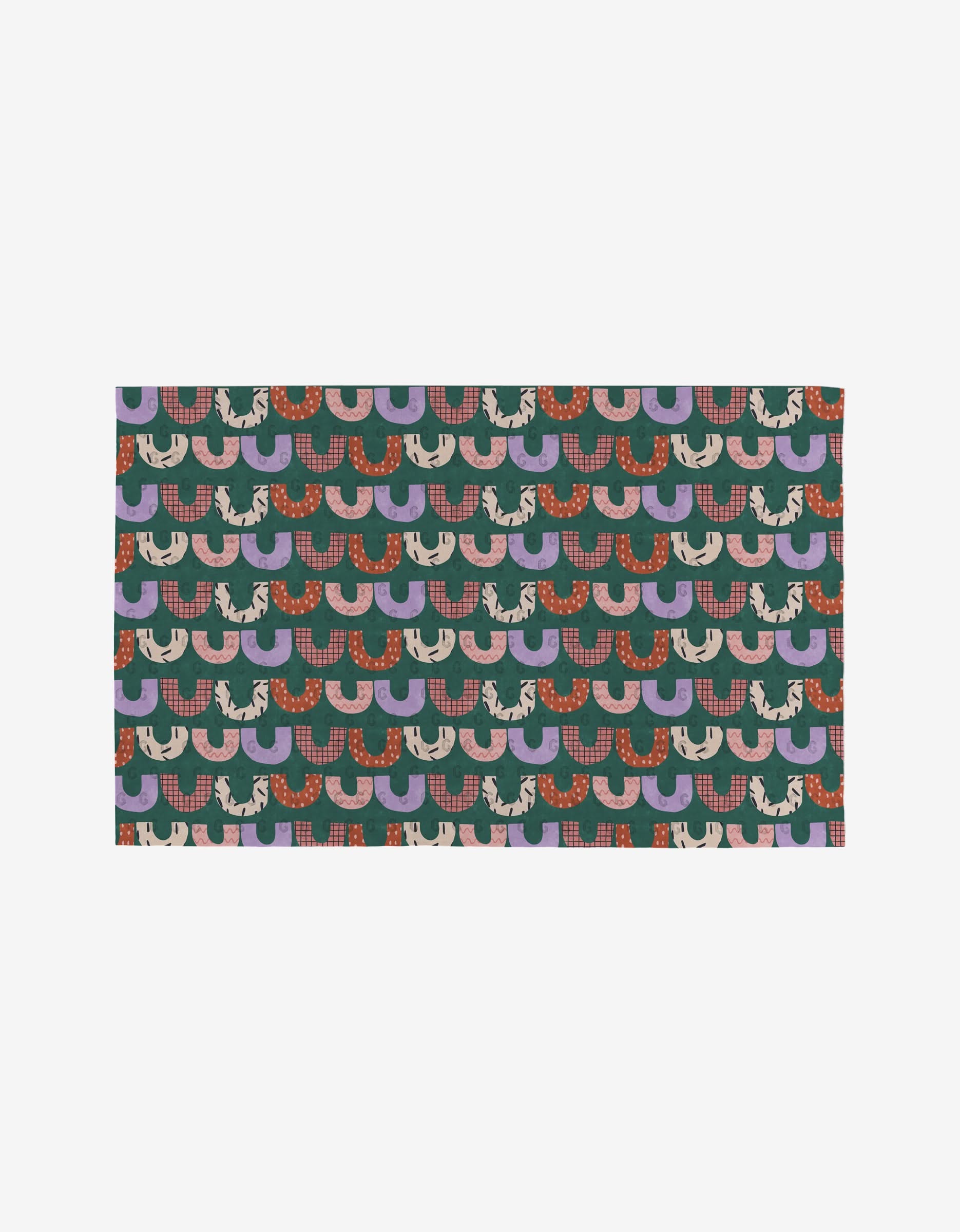 Happy Holly by Claire Iglesias is a rectangular mat with scalloped patterns in green, red, purple, and pink—featuring white horses and plaid on a dark background. Eco-friendly and perfect as a Not Paper Towels alternative.
