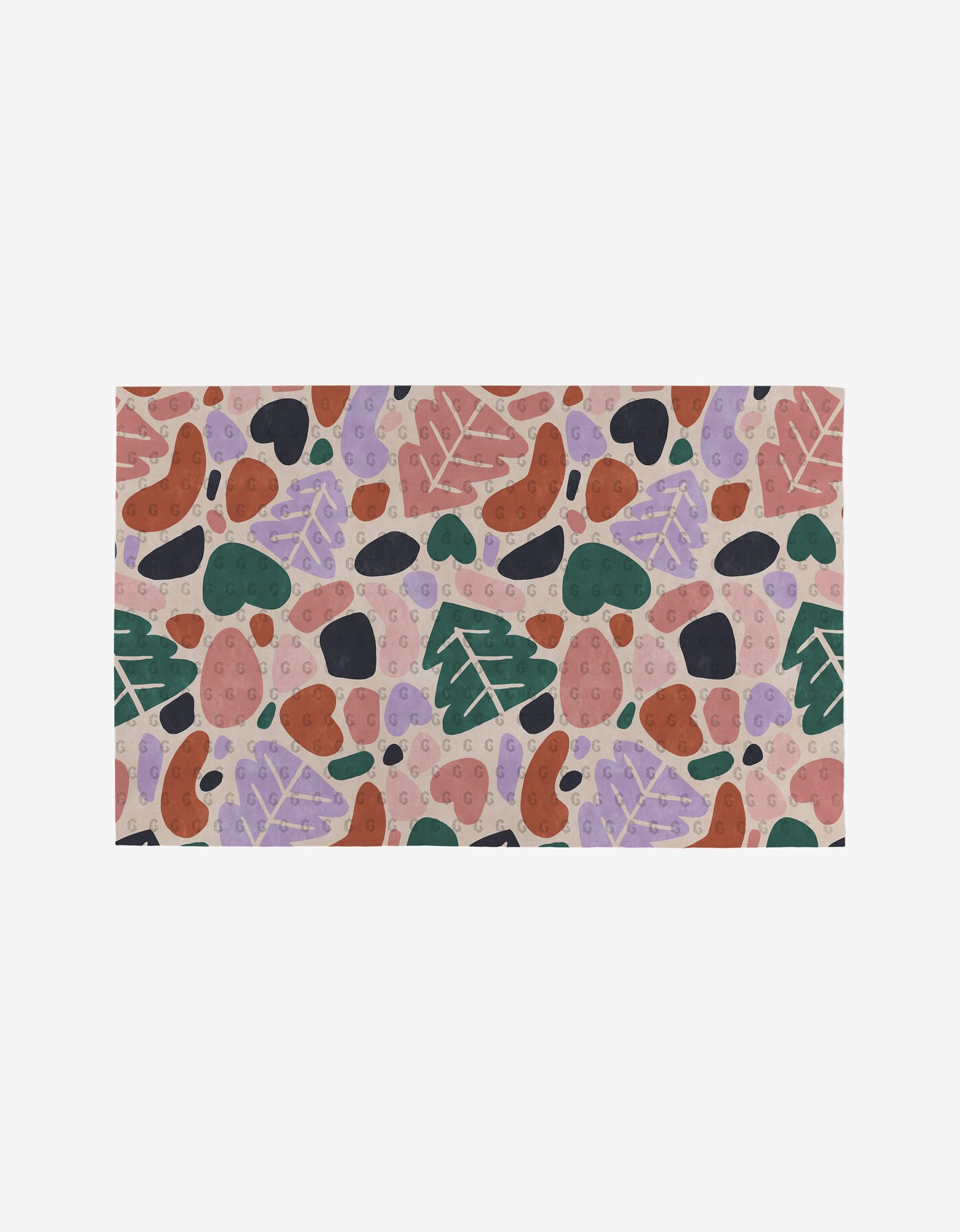 Happy Holly by Claire Iglesias is a rectangular mat with abstract pink, green, purple, and black organic shapes on a light background. Made from eco-friendly materials, its playful design recalls leaves, stones, and blobs.