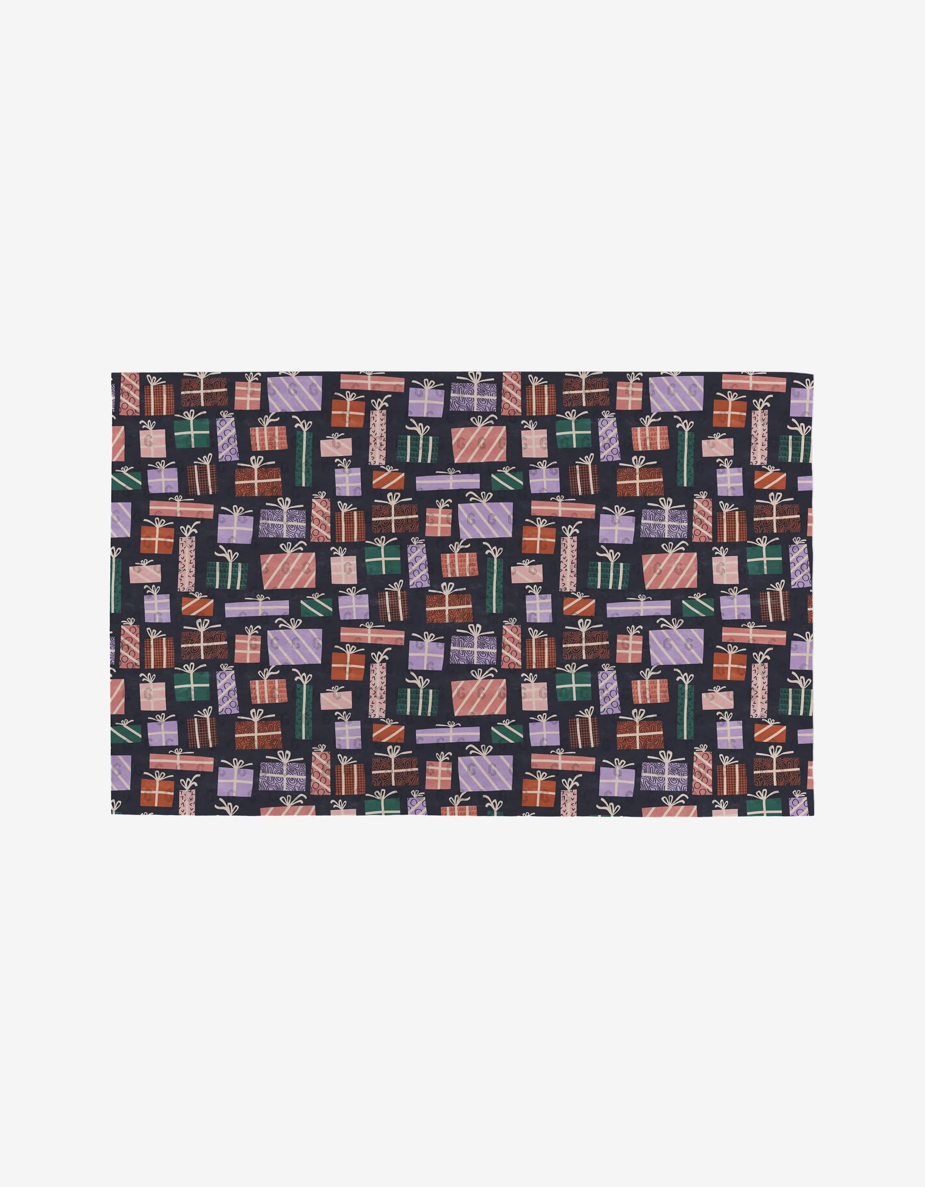 Happy Holly by Claire Iglesias is a rectangular cloth with a festive pattern of colorful, ribboned gift boxes on a dark background—an eco-friendly alternative to paper towels for your celebrations.