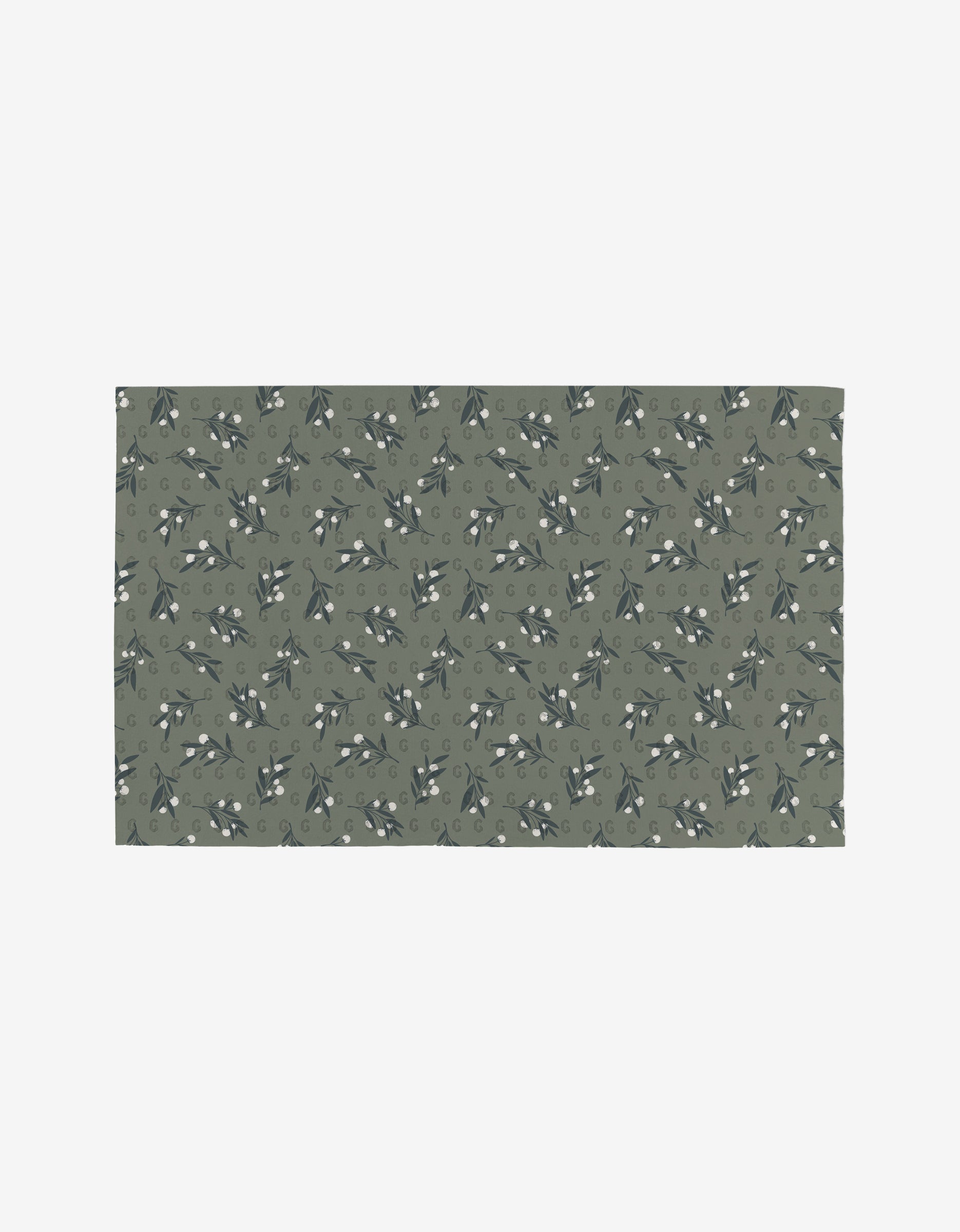 The Harvest Season rectangular mat by Charlie Rowan Designs features an eco-friendly design with a muted green backdrop and a repeating olive branch pattern in dark green and gray.