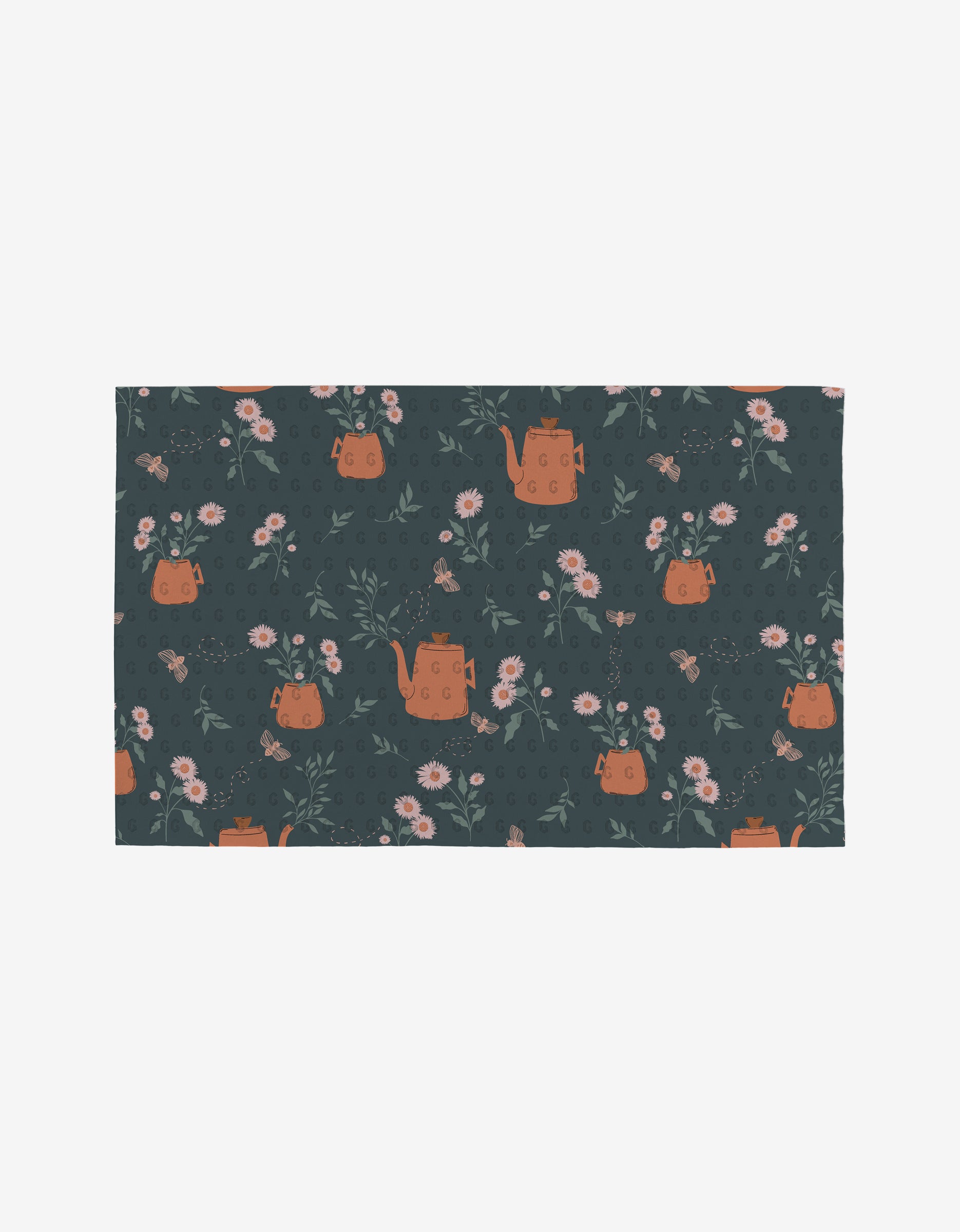 The Harvest Season Not Paper Towels by Charlie Rowan Designs showcase a dark teal fabric adorned with orange teapots filled with pink flowers and green leaves, accented by dots and sprigs for a charming, eco-friendly alternative.