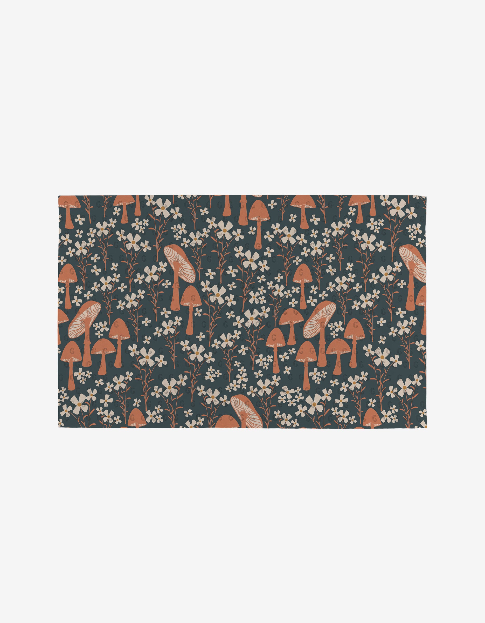 Harvest Season by Charlie Rowan Designs is a rectangular, reusable mat featuring a dark background with orange mushrooms, white flowers, and leafy stems—a stylish, eco-friendly swap for Not Paper Towels.