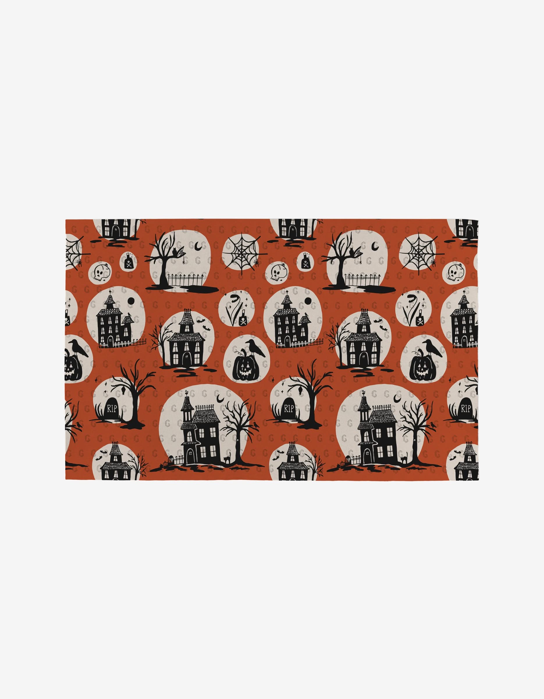 The Haunted House by Kayla Ann features haunted houses, black cats, jack-o’-lanterns, bats, and more on orange. This reusable pattern is an economical choice for eco-conscious decorators.