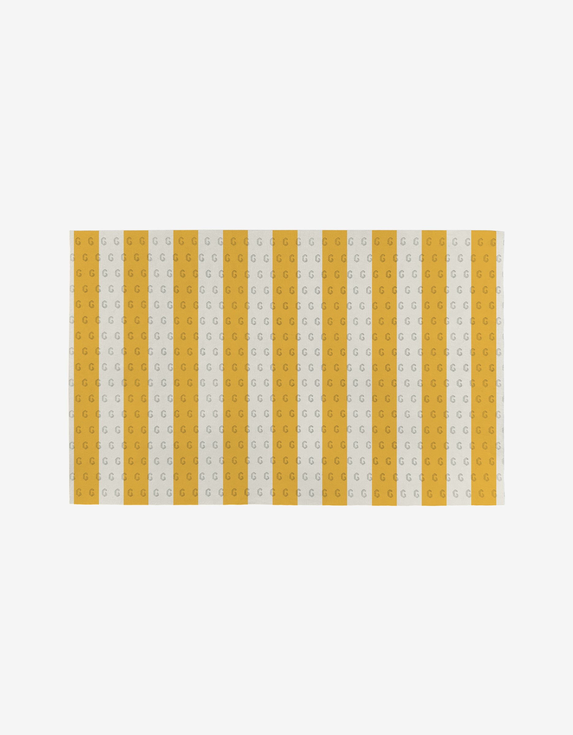 Here Comes The Sun by Aubrey Fairchild is a reusable rectangular mat with white background, alternating yellow and light gray vertical stripes, each with repeating G motifs—an eco-friendly alternative to Not Paper Towels.