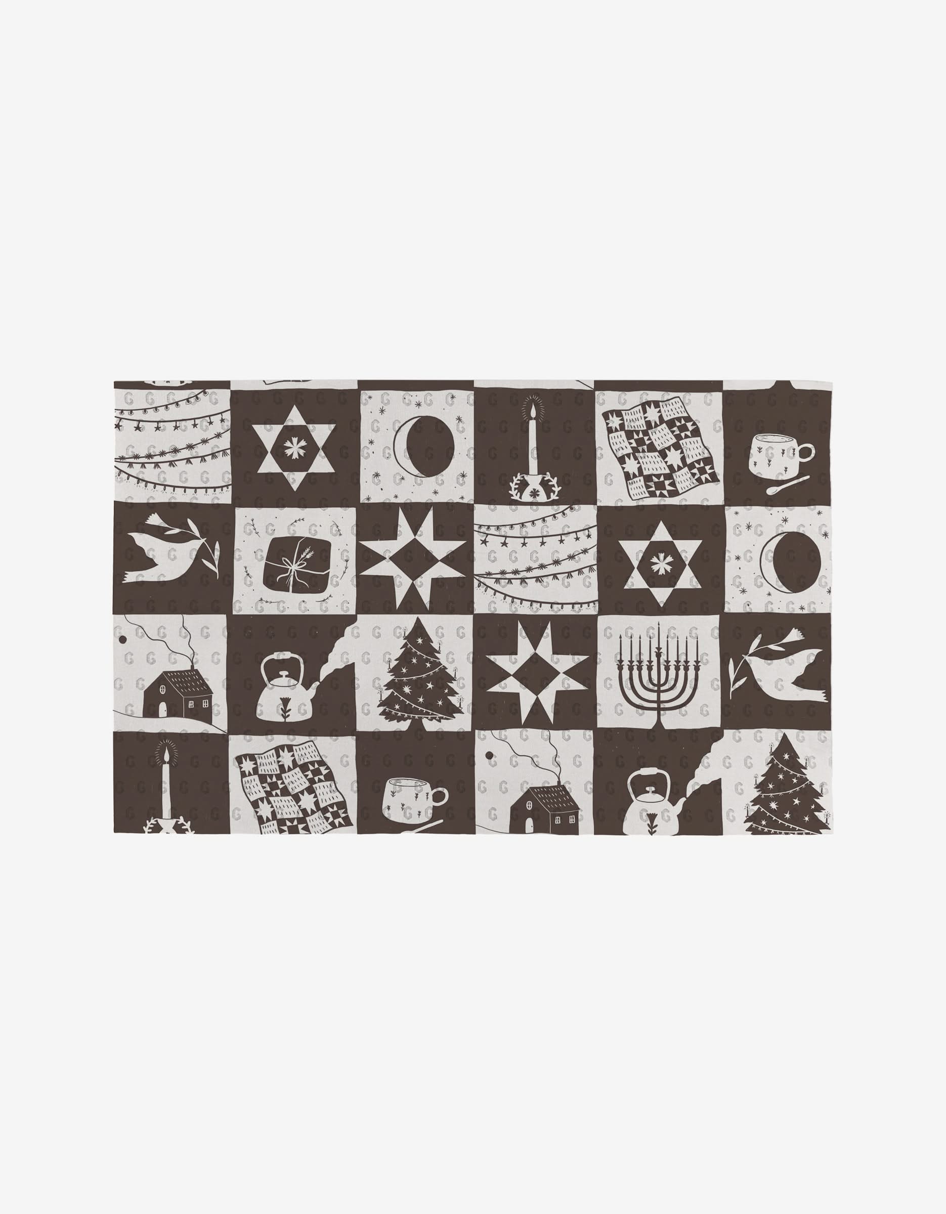 Holiday Love by Elana Gabrielle is a reusable, eco-friendly rectangular cloth with a brown and white checkered pattern featuring menorahs, Christmas trees, gifts, doves, mugs, stars, snow globes, and string lights.