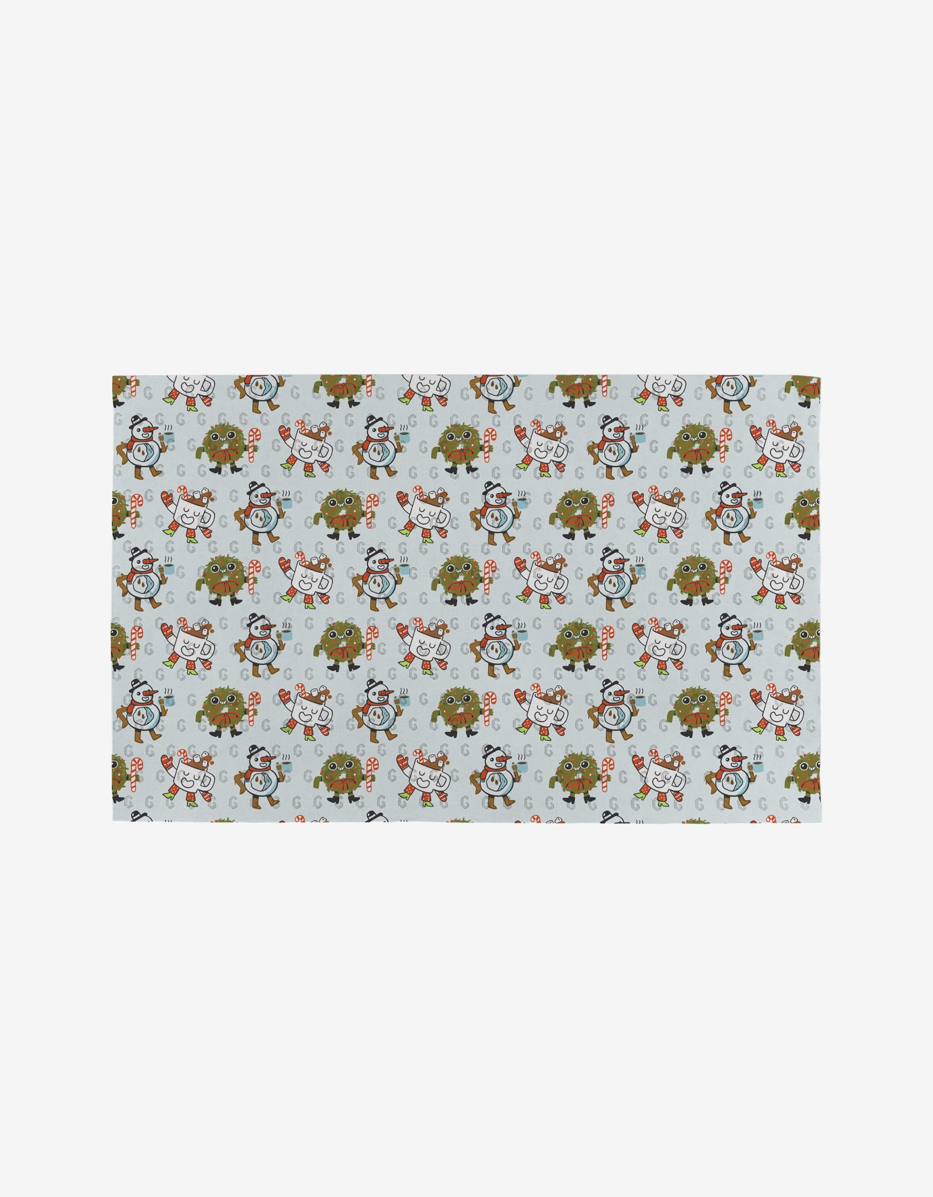 The Carly Berry Holiday Pals mat is rectangular and reusable, featuring cartoon sloths, owls, and hedgehogs among leaves and acorns on a light gray background.