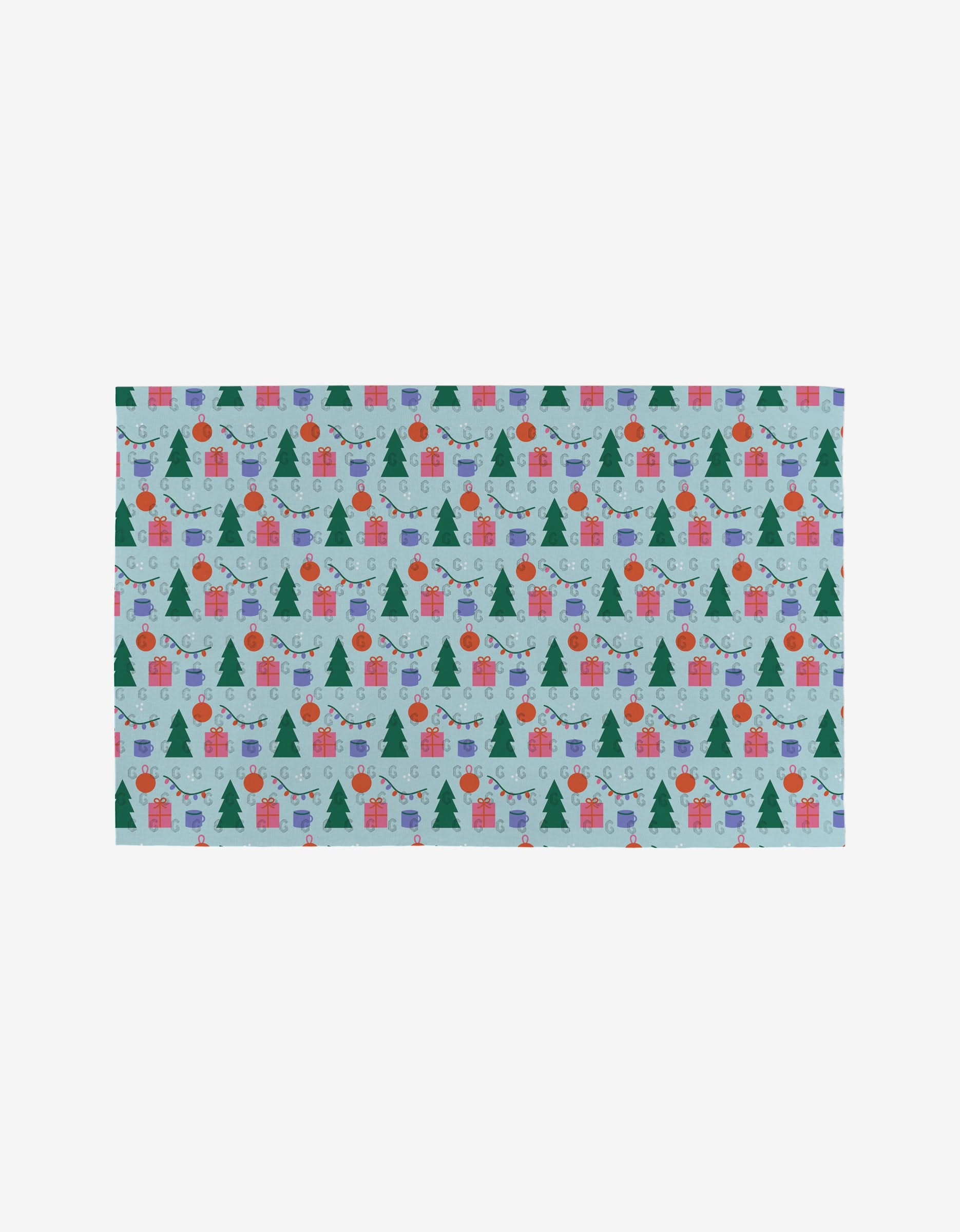 Rectangular Holiday Patchwork sheet by Laura Supnik, featuring green trees, red ornaments, gifts, and blue string lights on a pale background—made from eco-friendly, reusable paper towels.