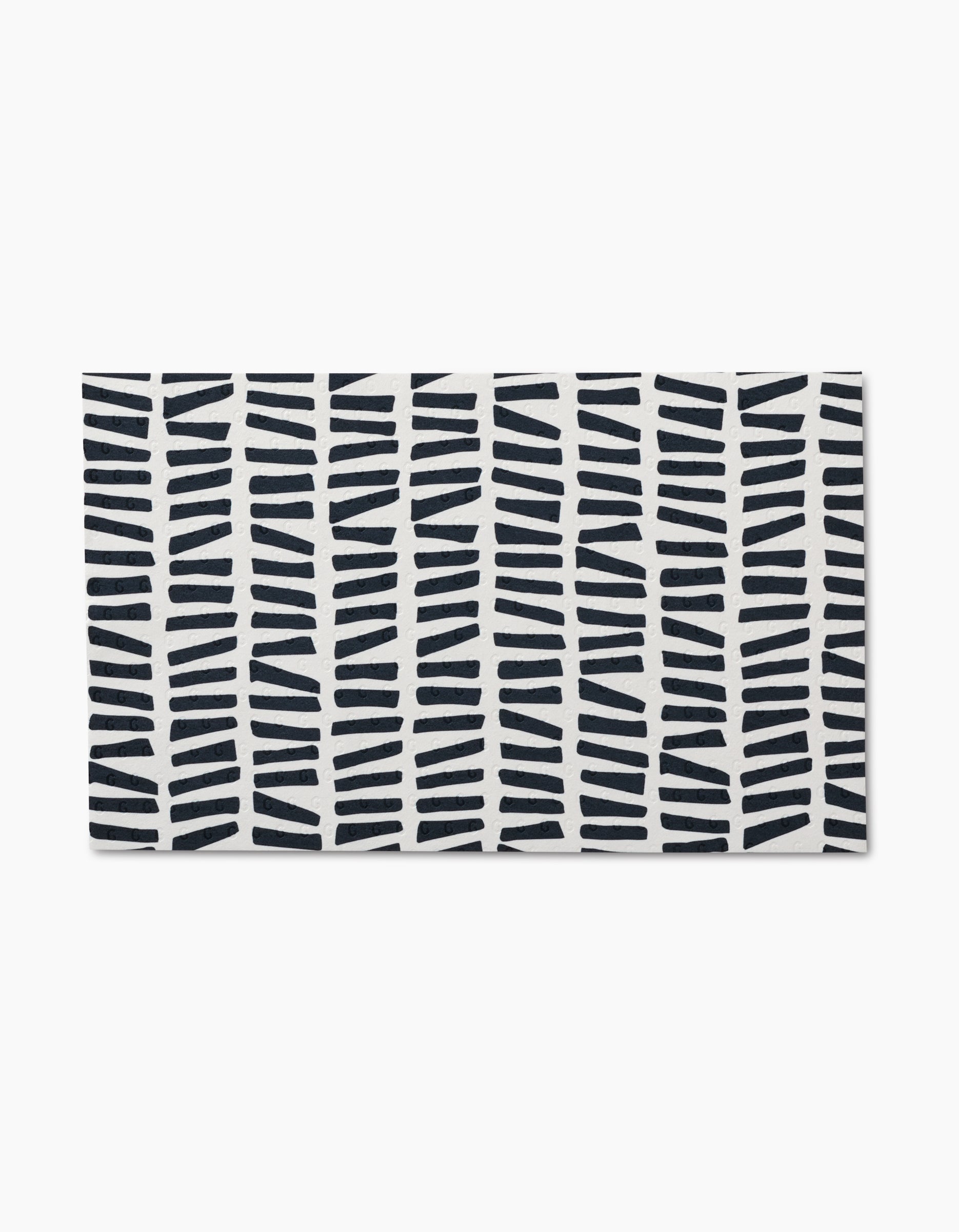 The Lines, Dots and Dashes rug by GEOMETRY features a white background with repeating irregular black horizontal lines in vertical columns, crafted from eco-friendly post-consumer recycled materials.