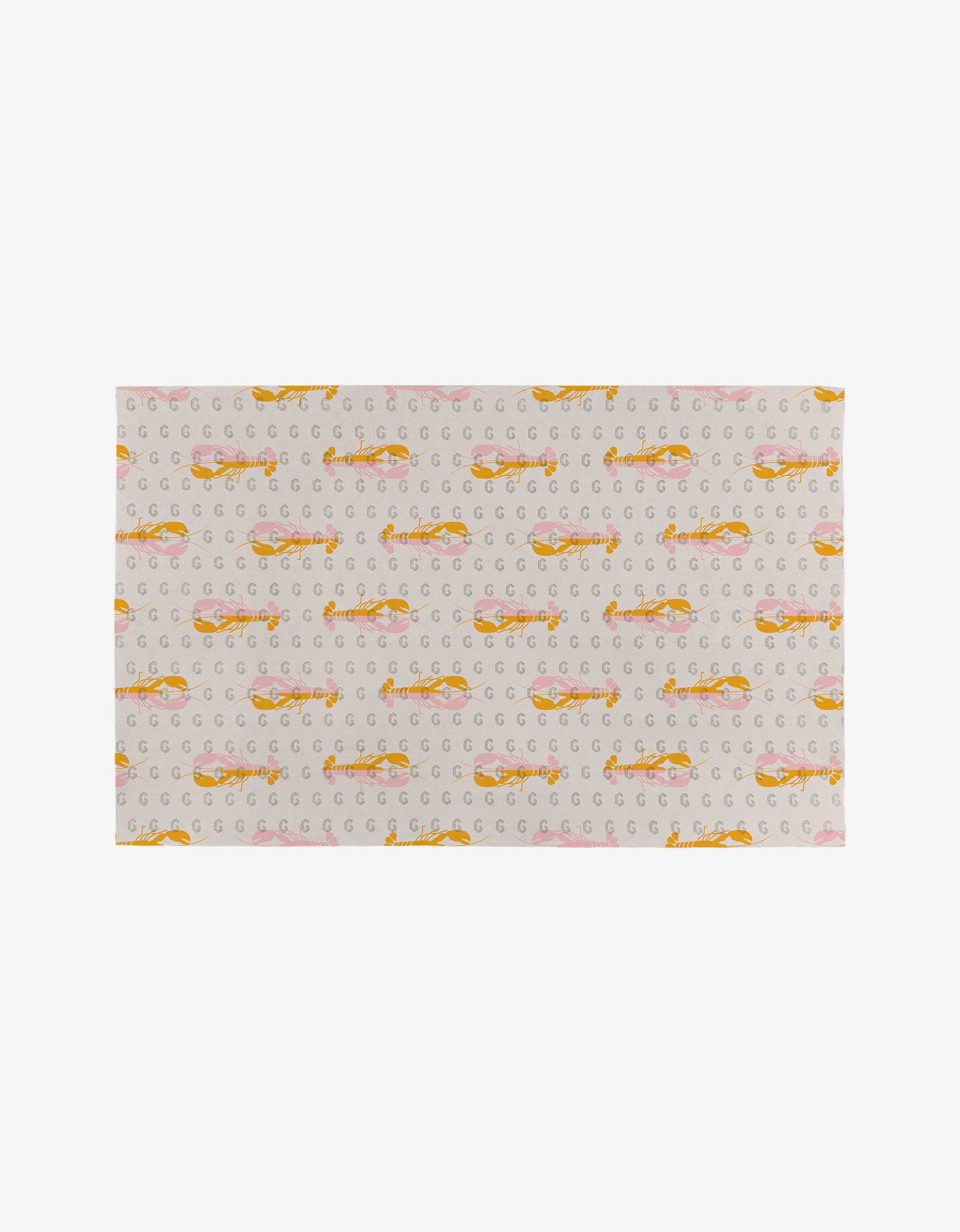 Rectangular fabric by GEOMETRY, Lobster Love: features a repeating pattern of red lobsters with small gray G letters and pink accents on a light background. Made from eco-friendly, post-consumer recycled materials—perfect as Not Paper Towels.