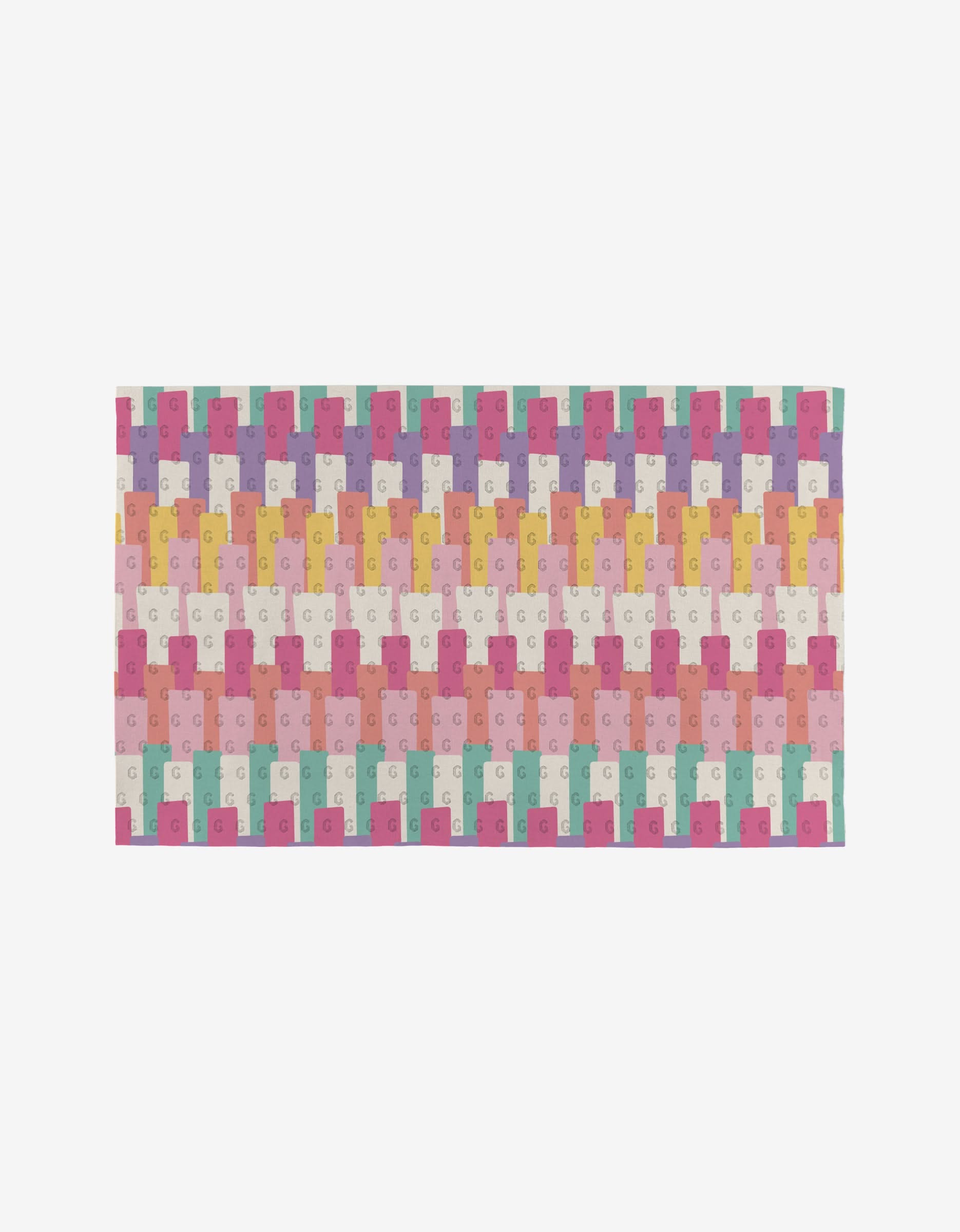 Lots of Dots by Rebecca Bobko is a reusable, rectangular mat with eco-friendly design, featuring interlocking pastel puzzle pieces in pink, yellow, green, blue, and white—each bearing a small G—set on a plain white background; not paper towels.