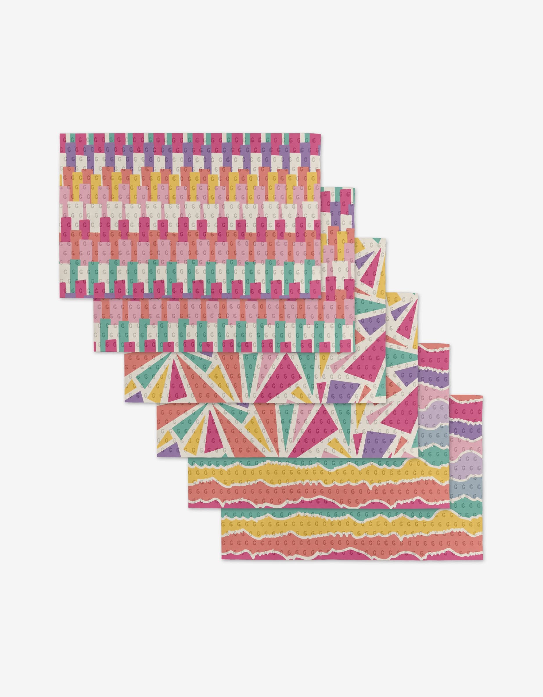 Five vibrant, rectangular Lots of Dots sheets by Rebecca Bobko, featuring playful geometric and wavy designs in pink, orange, yellow, purple, green, and white, are reusable and eco-friendly alternatives to paper towels.