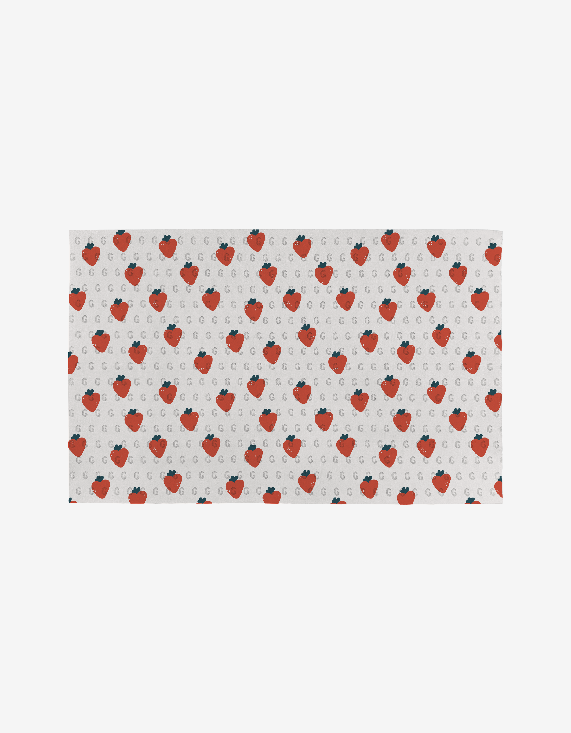 Love Blooms by Charlie Rowan Designs is a rectangular white reusable sheet with red strawberries and small gray “G” letters, providing an eco-friendly alternative to Not Paper Towels.