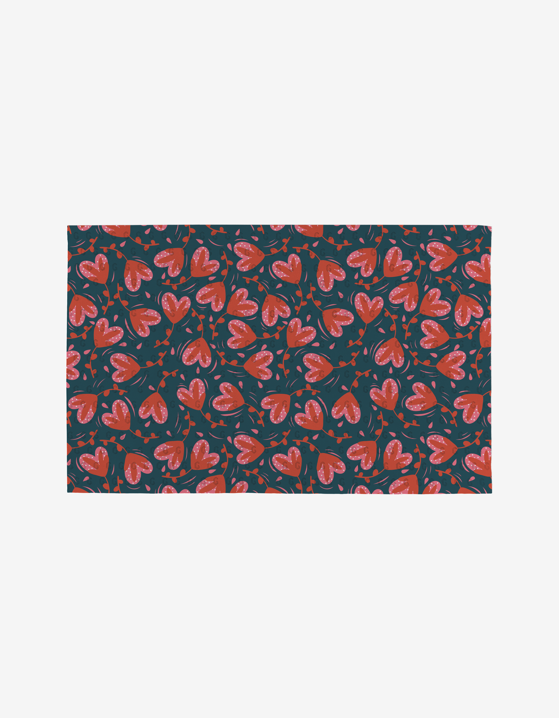 The Love Blooms mat by Charlie Rowan Designs features red and pink heart-shaped flowers with green stems on a dark background—an eco-friendly, reusable alternative to paper towels.