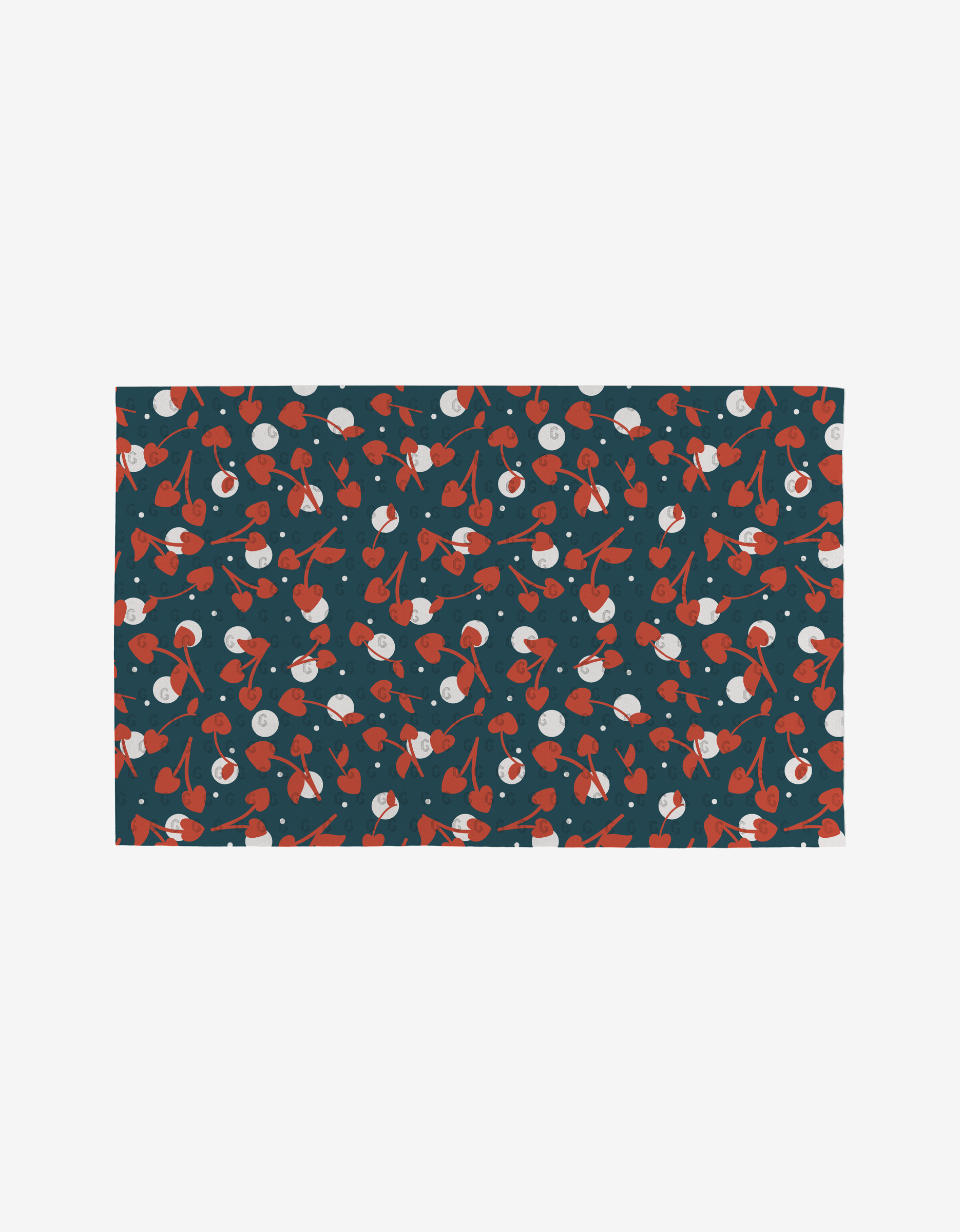 The Love Blooms mat by Charlie Rowan Designs is a reusable, eco-friendly rectangular towel with a dark base, scattered red cherries, green stems, and white dots—ideal for anyone seeking stylish Not Paper Towels.