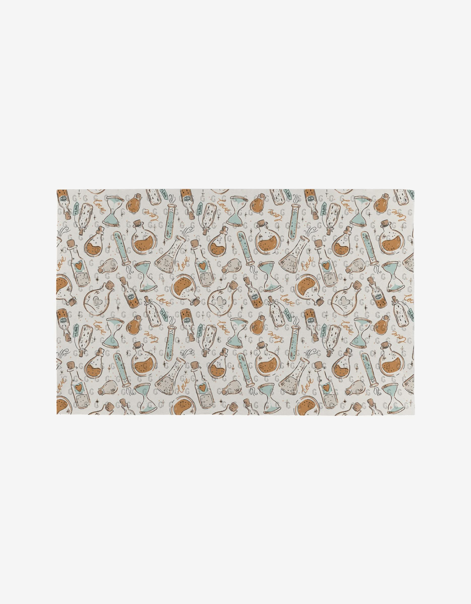Love Potions by Hufton Studio is a rectangular, eco-friendly cloth featuring a repeating pattern of brown cats, yarn balls, paw prints, and playful phrases on white—a reusable alternative to disposable decor.