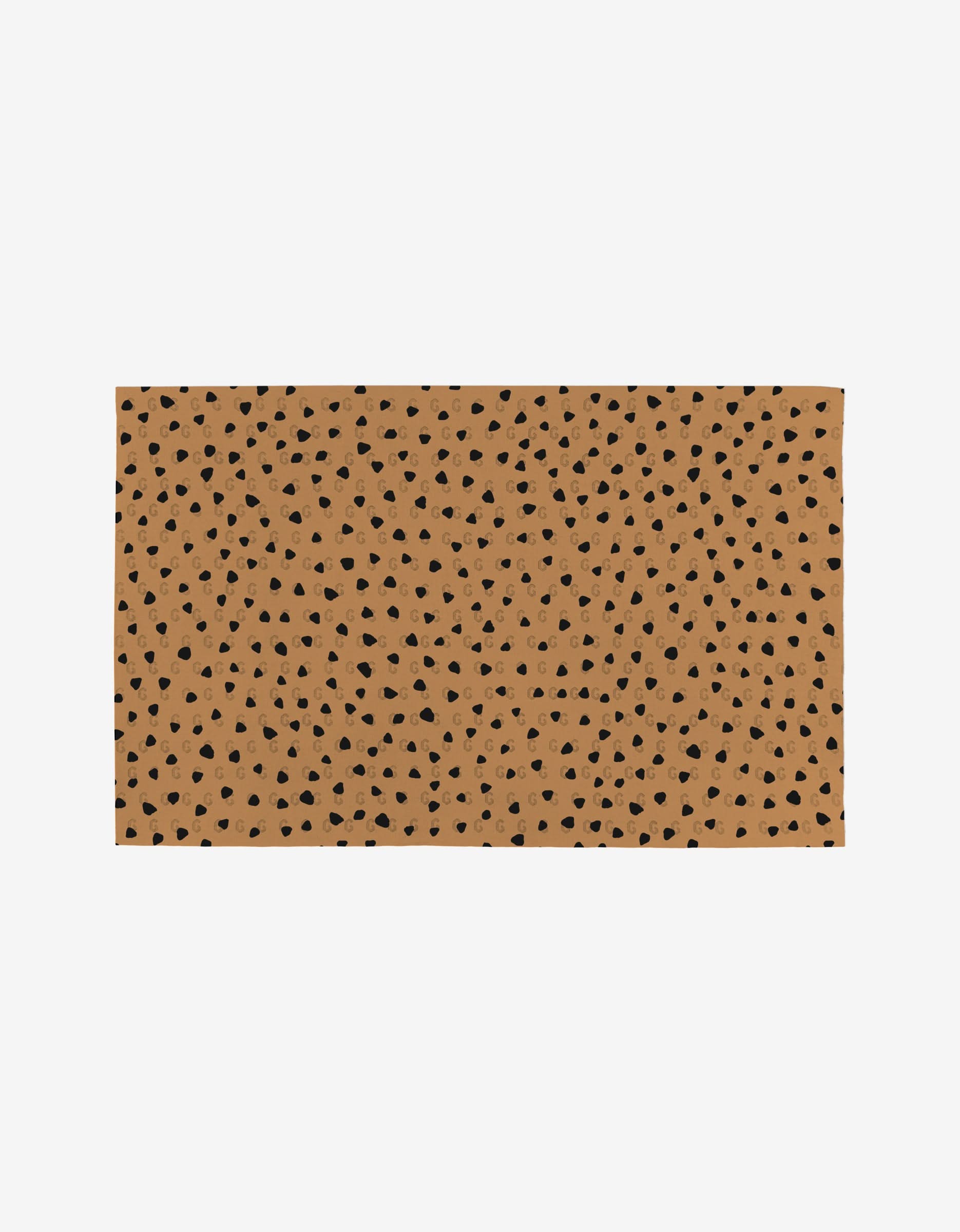 Love Potions by Hufton Studio is a rectangular, light brown rug with an irregular black spot pattern, crafted from post-consumer recycled materials and shown on a plain white background.