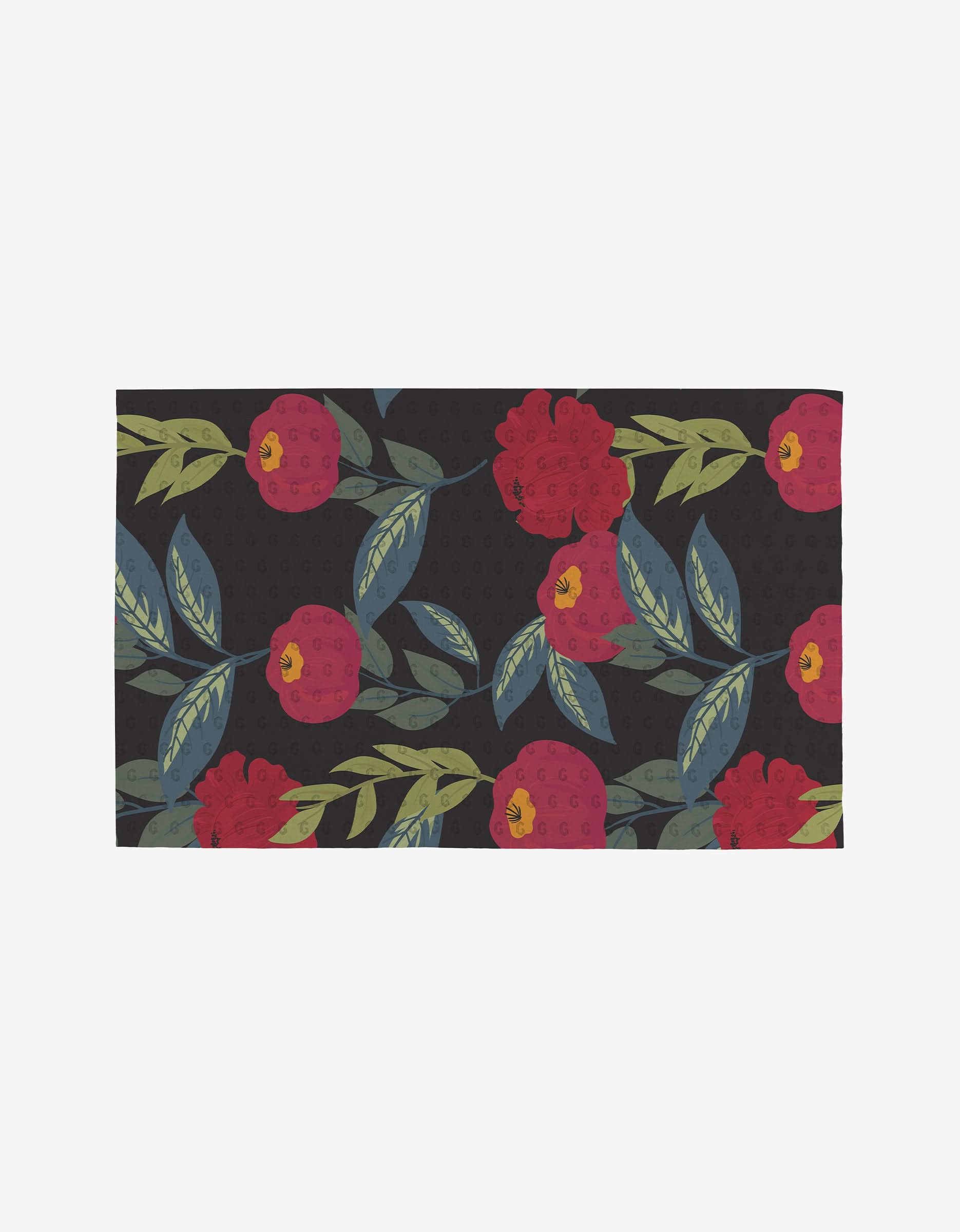Lovely Night by GEOMETRY: A rectangular, reusable dark fabric towel featuring large red camellia flowers and green leaves on a subtly dotted black background—eco-friendly and not disposable paper towels.