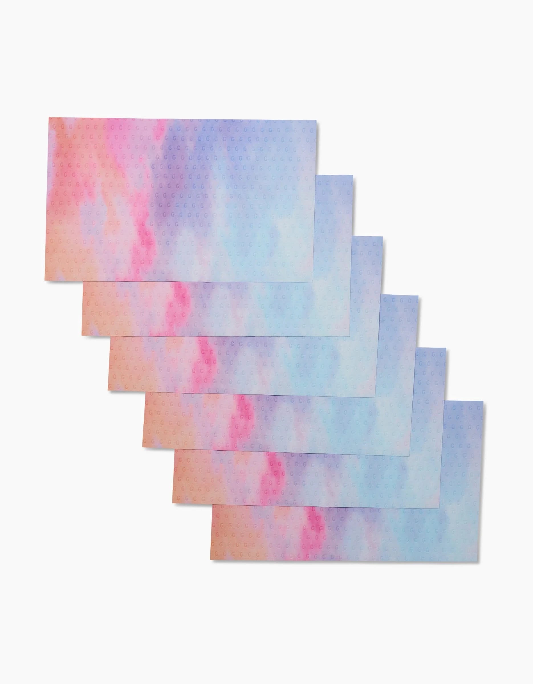 Six rectangular Magic In The Sky sheets by Stefanie Bales feature pastel pink, purple, and blue gradients in a staggered overlap on white. Made from eco-friendly post-consumer recycled materials. Not Paper Towels.