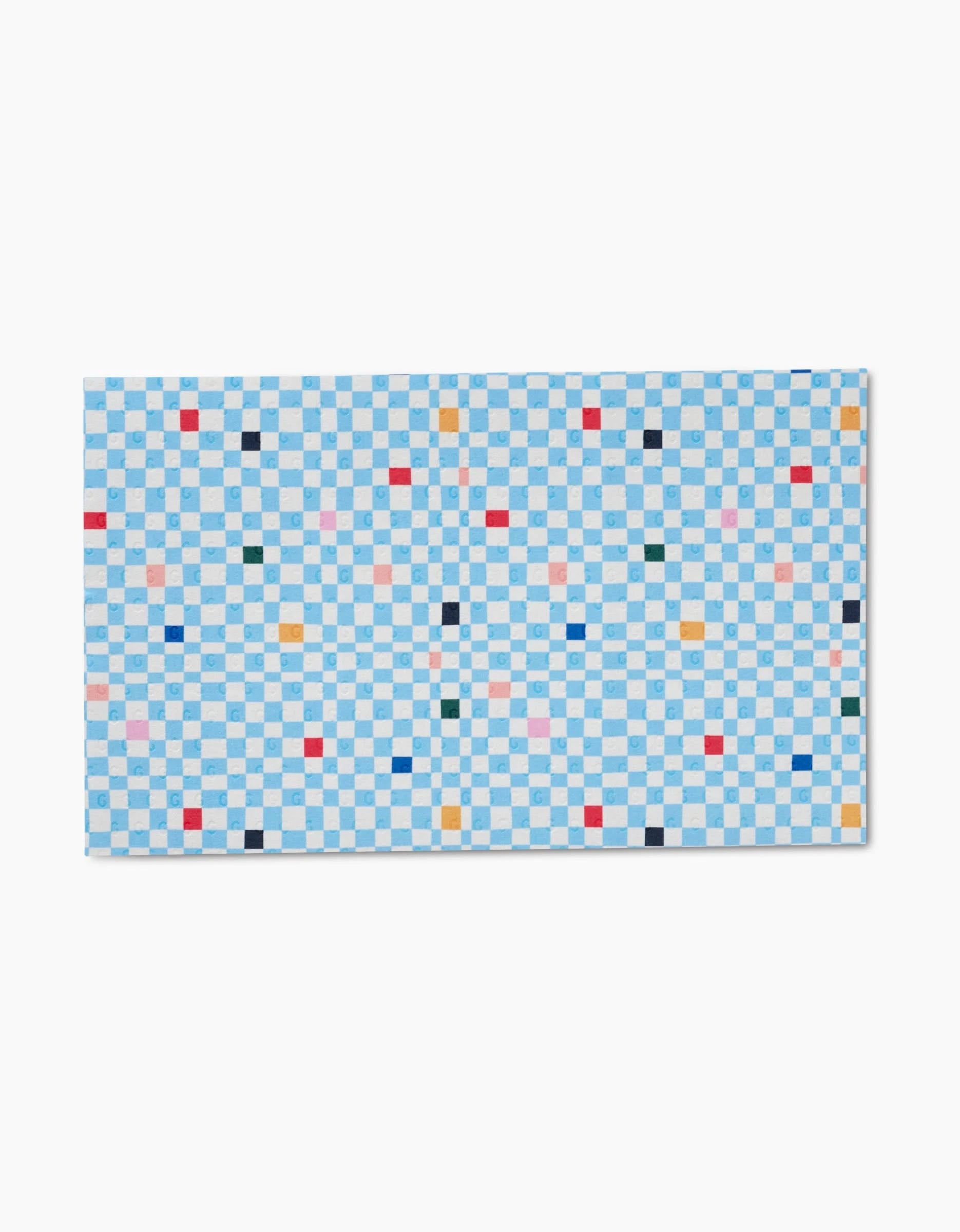 The Magic Wand by Happy Hemera is a rectangular rug with a blue and white checkerboard pattern, accented by red, yellow, pink, and dark blue squares on white—crafted from recycled materials for eco-friendly style.