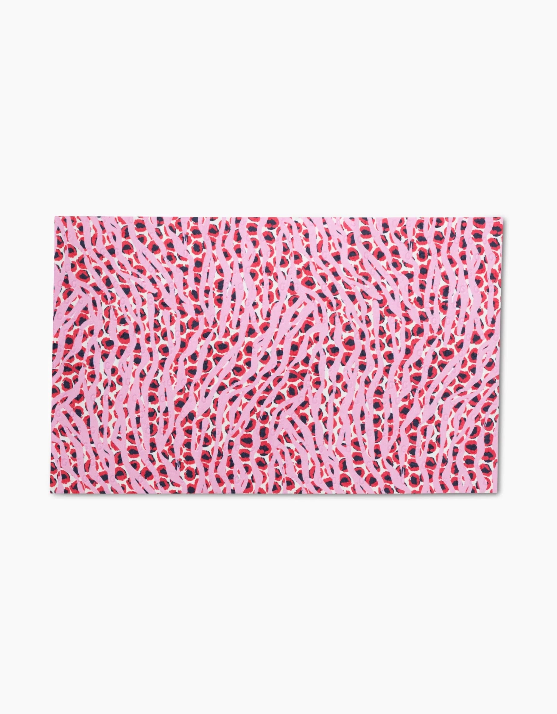 The Magic Wand by Happy Hemera showcases a lively pattern of wavy pink stripes with red, black, and white shapes on light pink, made from recycled materials for an eco-friendly and stylish flair.