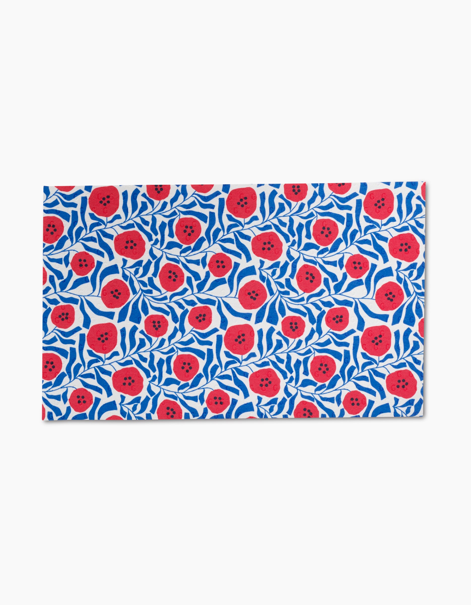 The Happy Hemera Magic Wand is a rectangular, reusable cloth towel adorned with bold red flowers, black centers, and blue leaves on a white background—an eco-friendly alternative to paper towels with vibrant style.