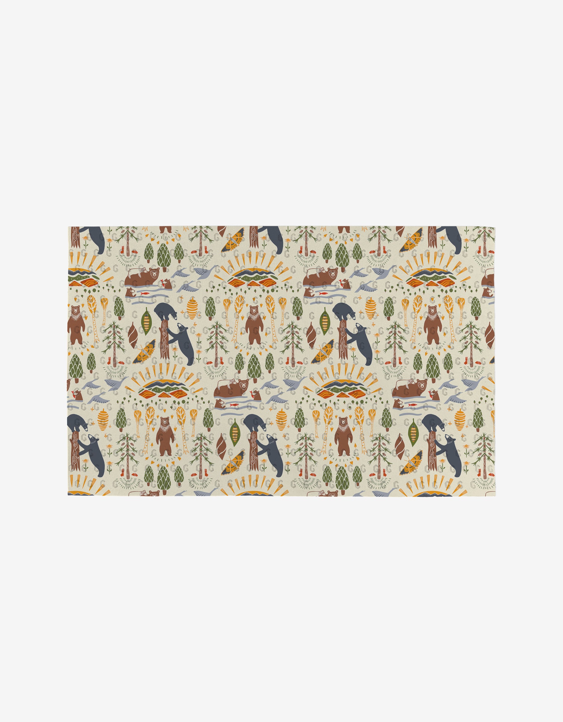 Mama Bear by Elisabeth Wing features a whimsical repeating pattern of bears, pine trees, mountains, rivers, and the sun on a light background. Printed on eco-friendly material, it adds playful woodland charm to any space.